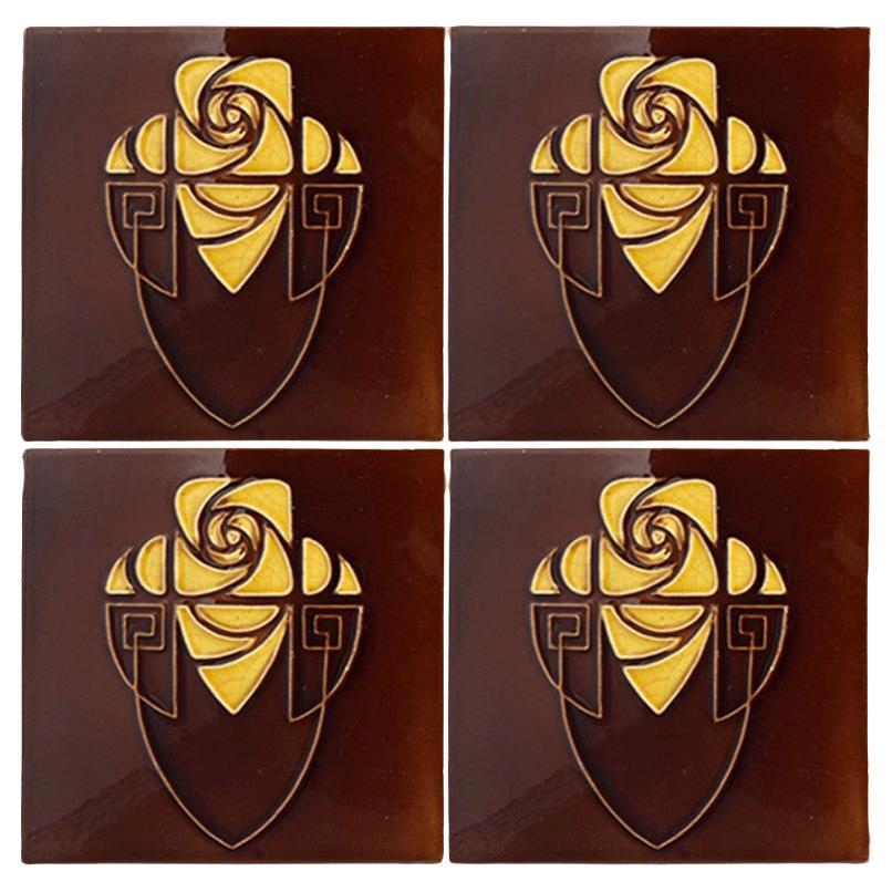 Brown and Yellow Art Nouveau Glazed Relief Tiles by Gilliot, Hemiksem, circa 192 For Sale