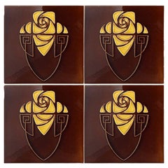 Brown and Yellow Art Nouveau Glazed Relief Tiles by Gilliot, Hemiksem, circa 192