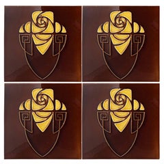 Brown and Yellow Art Nouveau Glazed Relief Tiles by Gilliot, Hemiksem circa 1920