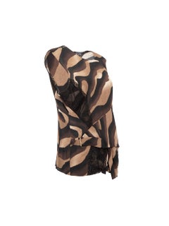 Brown Animal Print Asymmetric Lace Trim Top Size XL
