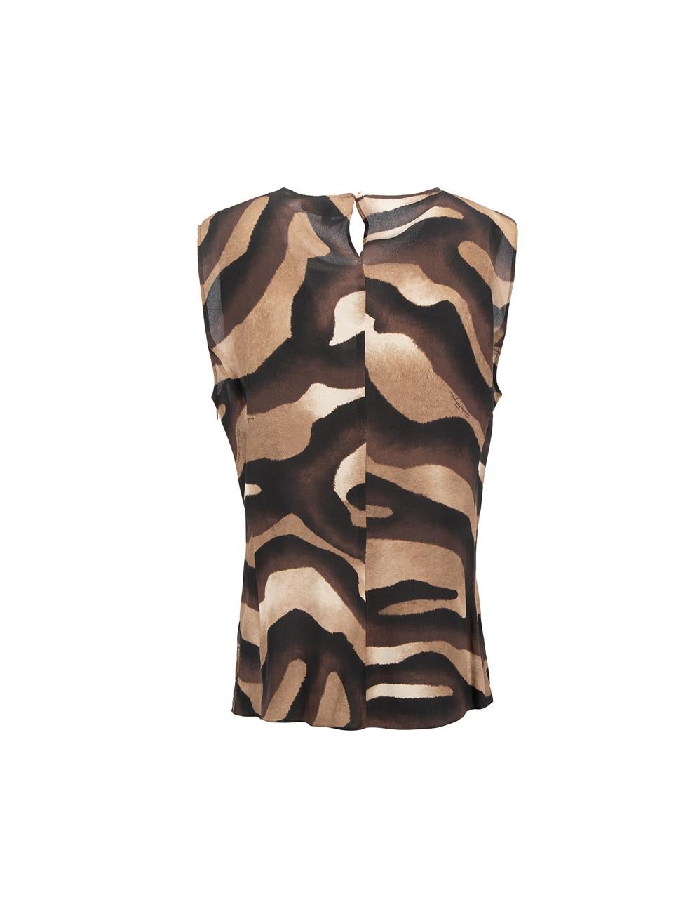 Brown Animal Print Asymmetric Lace Trim Top Size XL In Good Condition For Sale In London, GB
