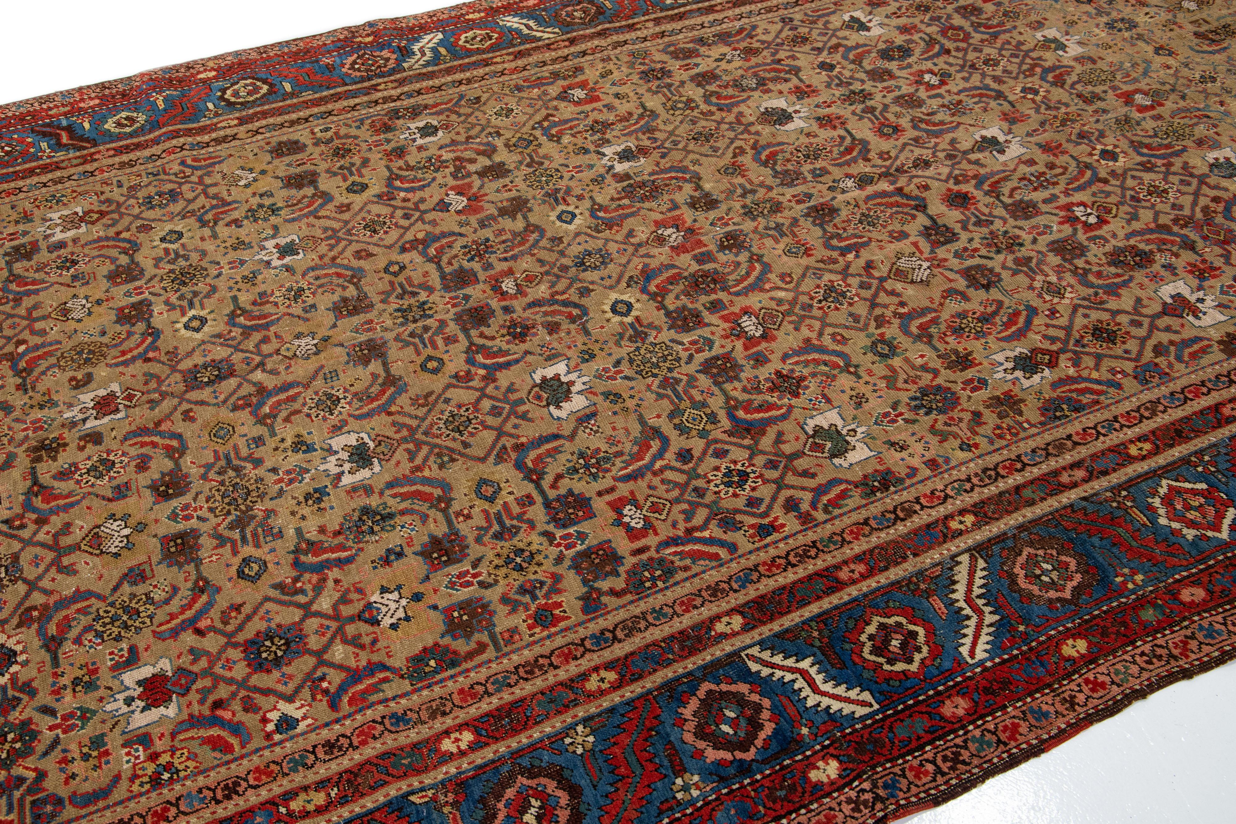 Hand-Knotted Brown Antique Bakshaish Persian Handmade Wool Rug with Allover Pattern For Sale