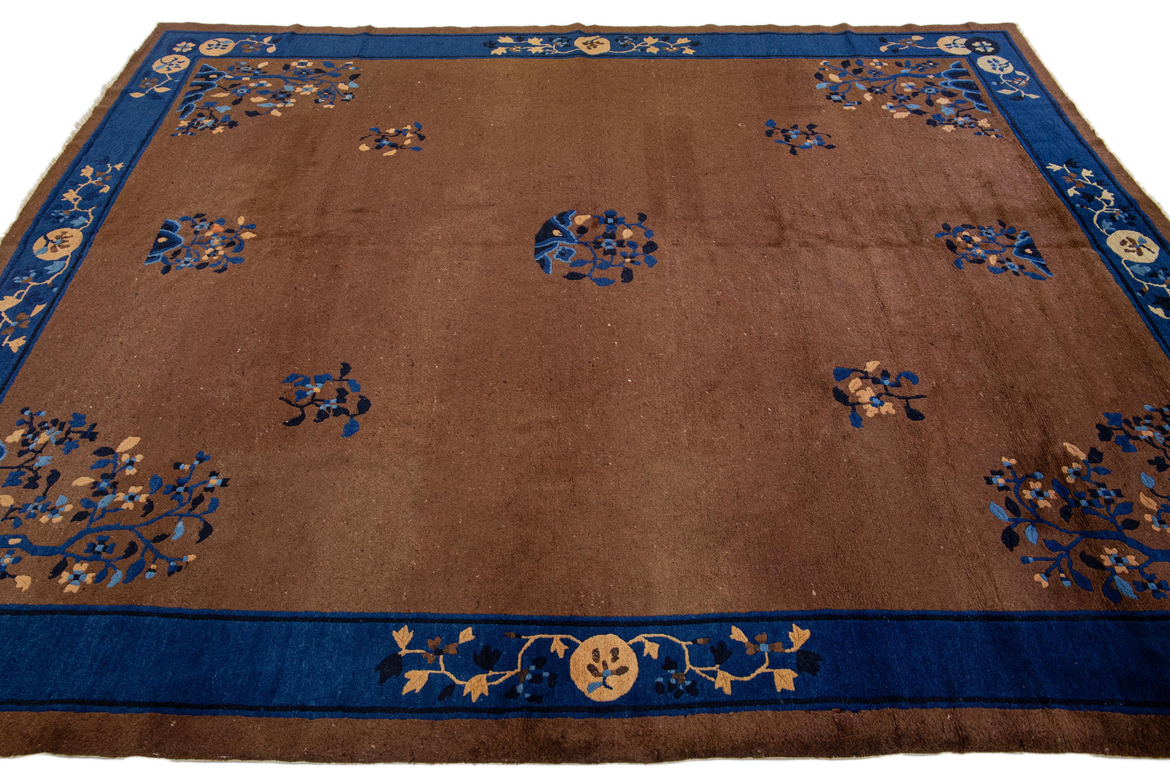 Brown Antique Floral Art Deco Handmade Designed Chinese Wool Rug In Excellent Condition For Sale In Norwalk, CT