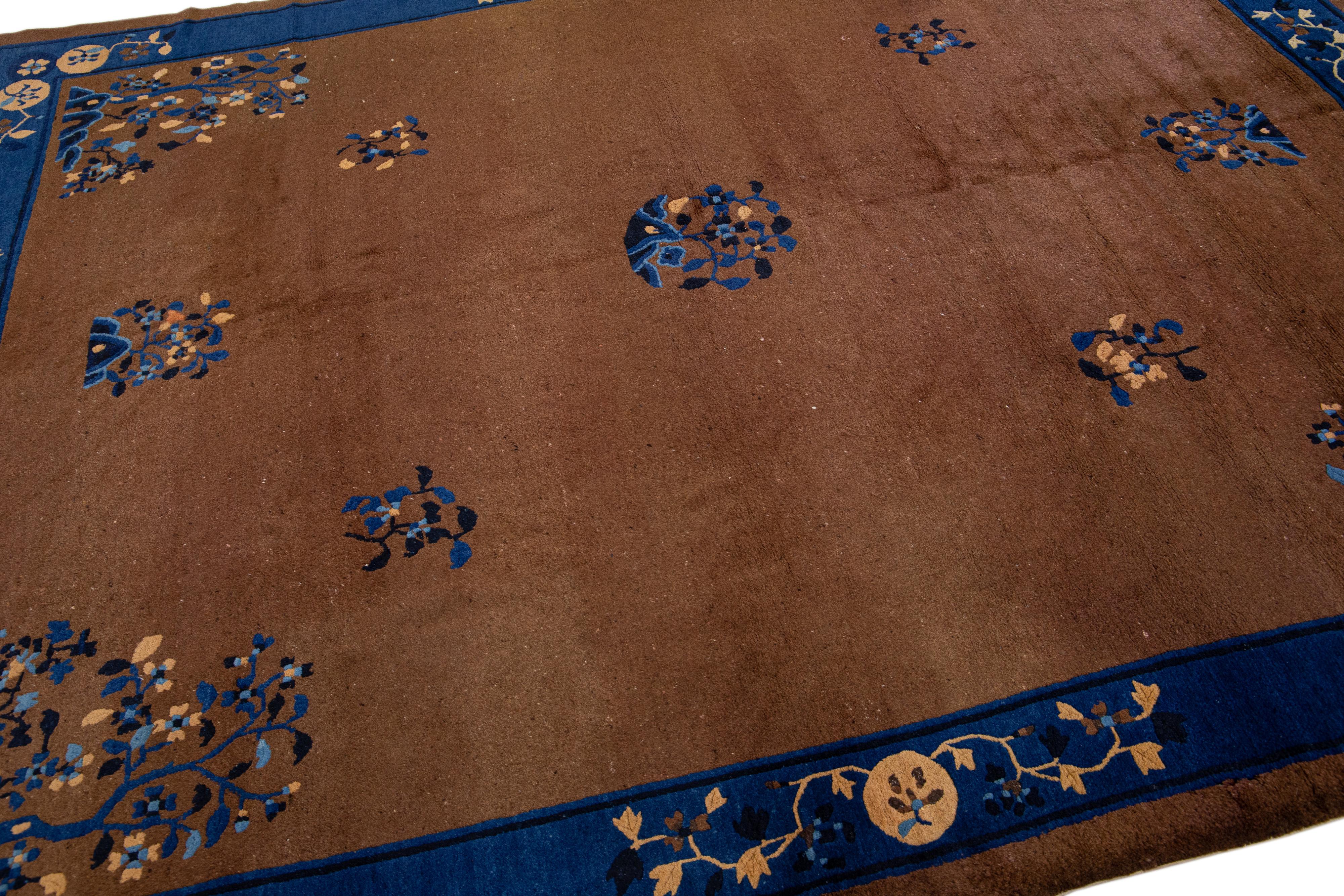 Brown Antique Floral Art Deco Handmade Designed Chinese Wool Rug For Sale 2