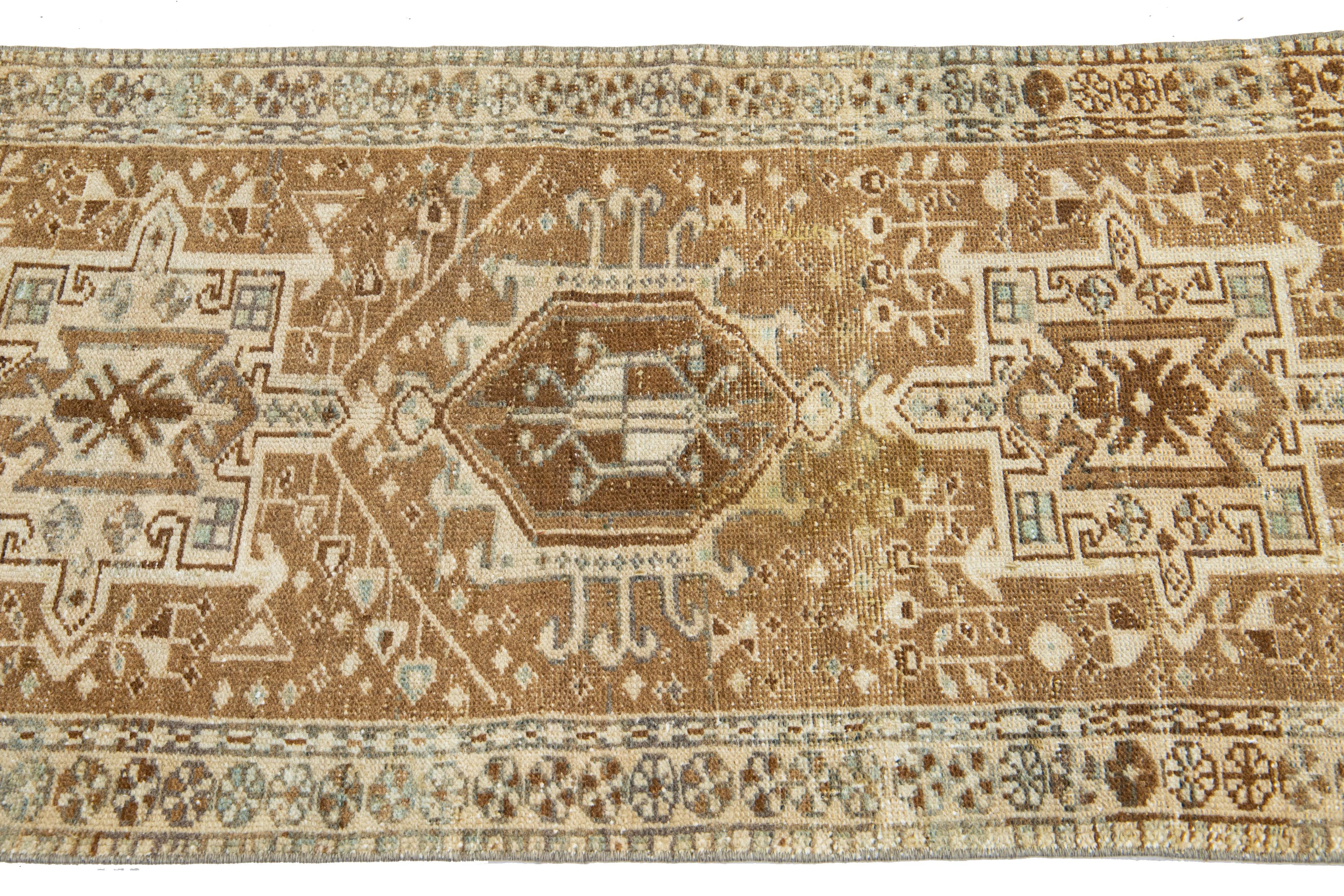 Hand-Knotted Brown Antique Handmade Persian Heriz Scatter Wool Rug with Allover Motif For Sale