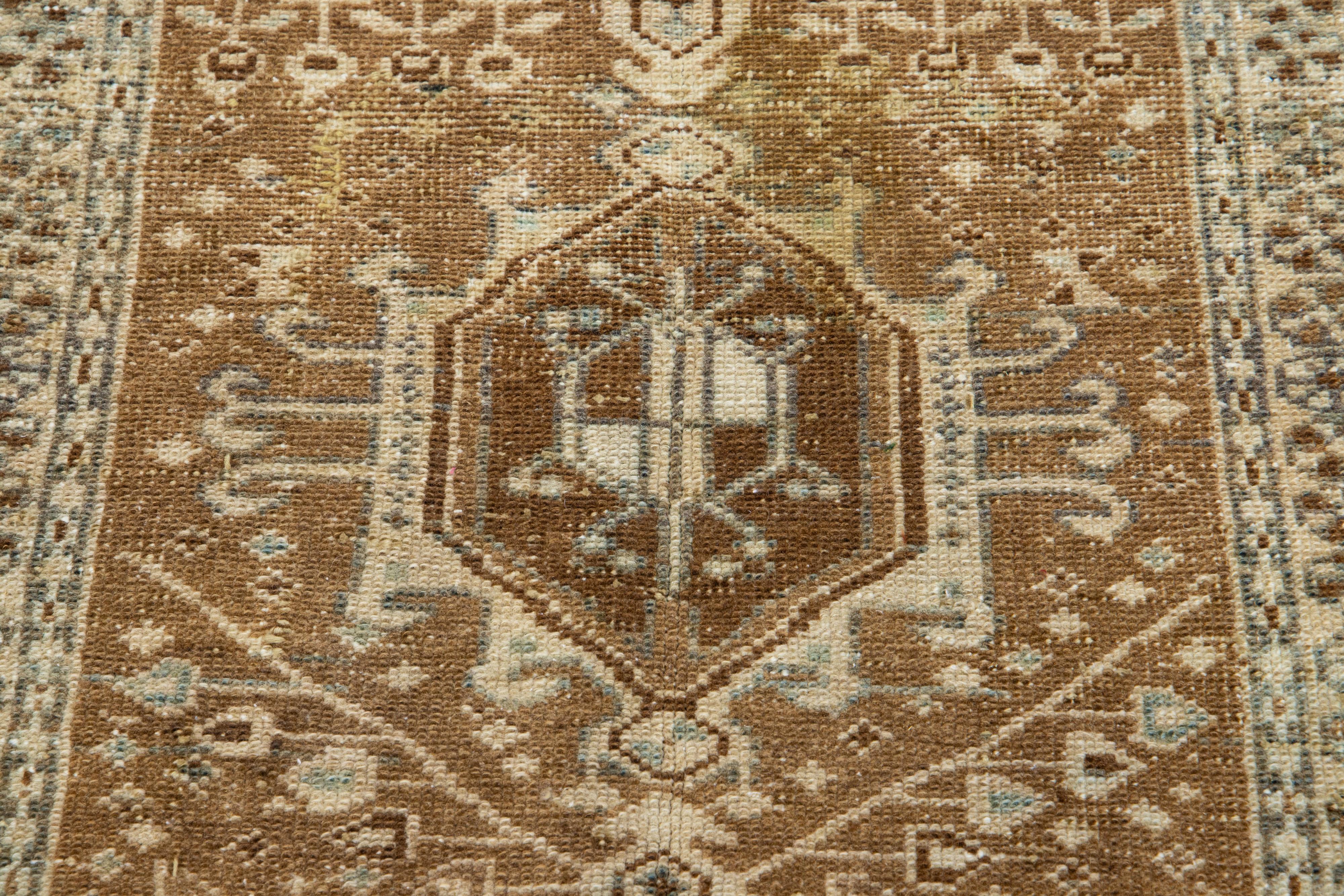20th Century Brown Antique Handmade Persian Heriz Scatter Wool Rug with Allover Motif For Sale