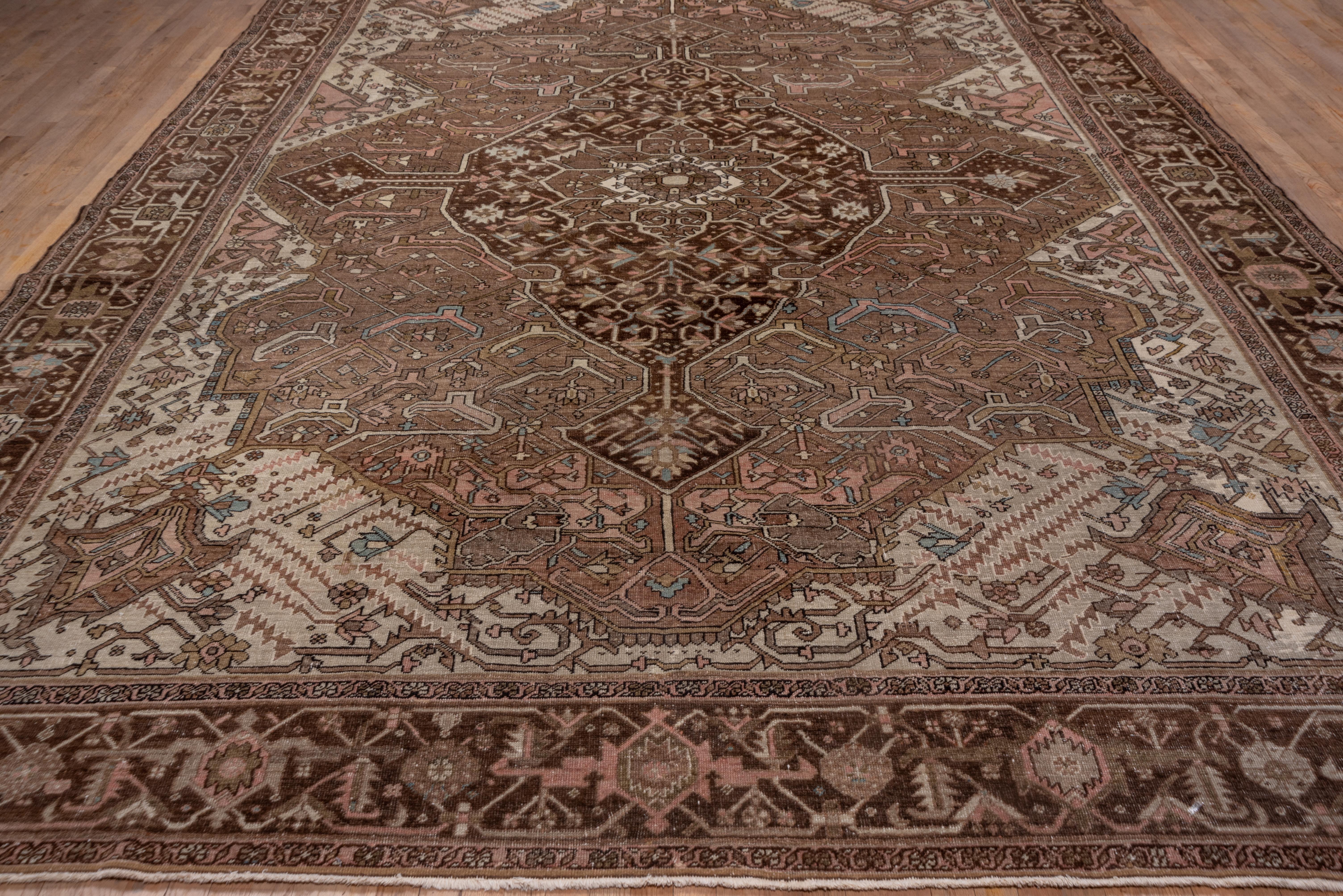 Hand-Knotted Brown Antique Heriz Serapi Carpet, Pink Tones