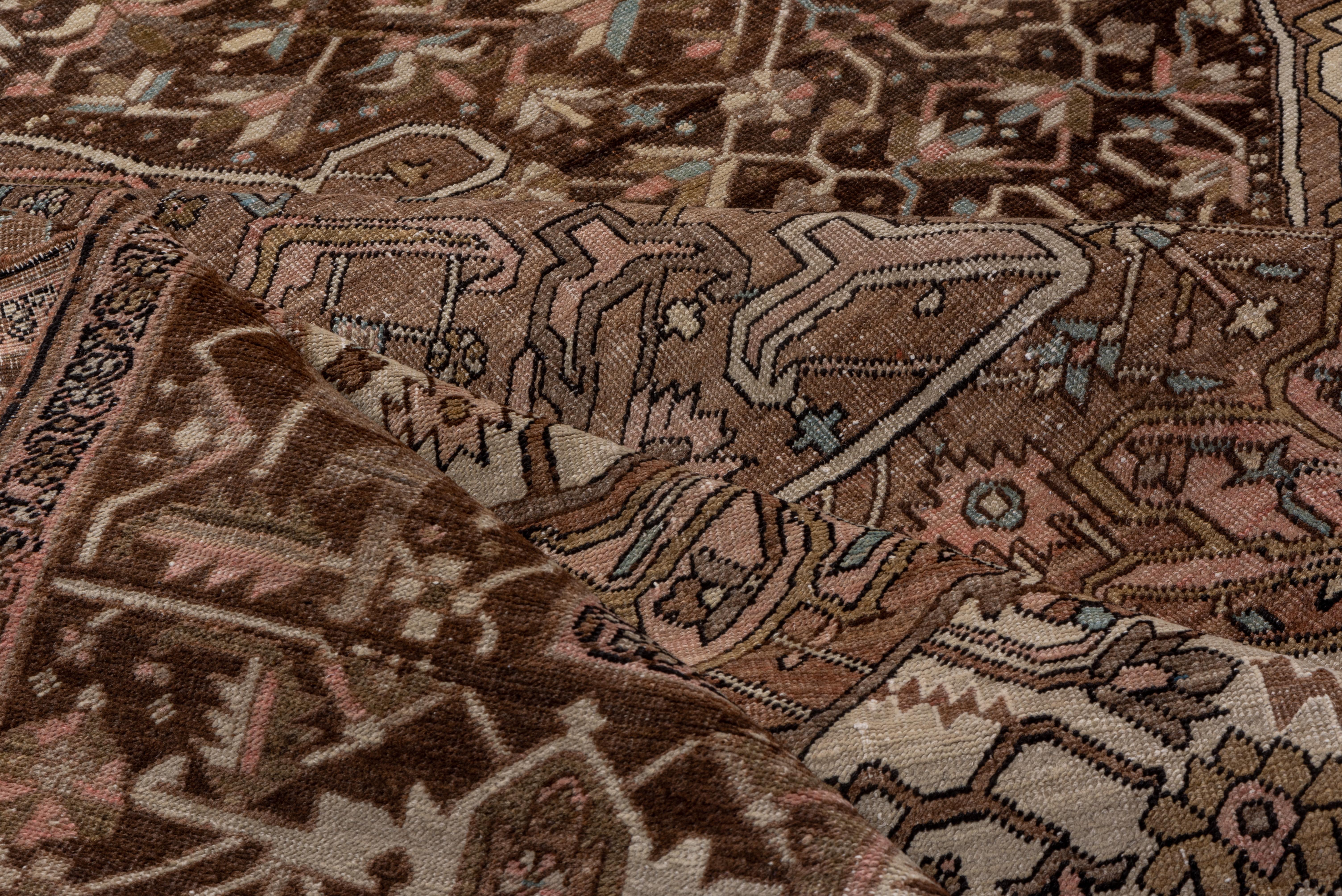 Wool Brown Antique Heriz Serapi Carpet, Pink Tones