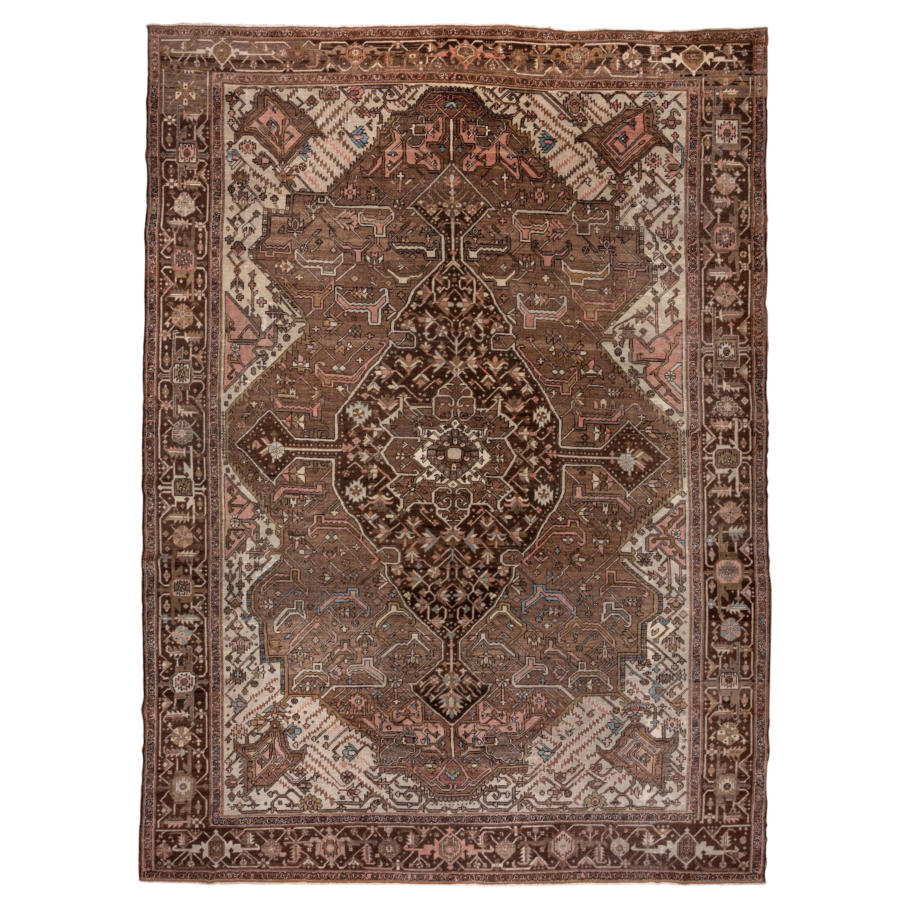Brown Antique Heriz Serapi Carpet, Pink Tones
