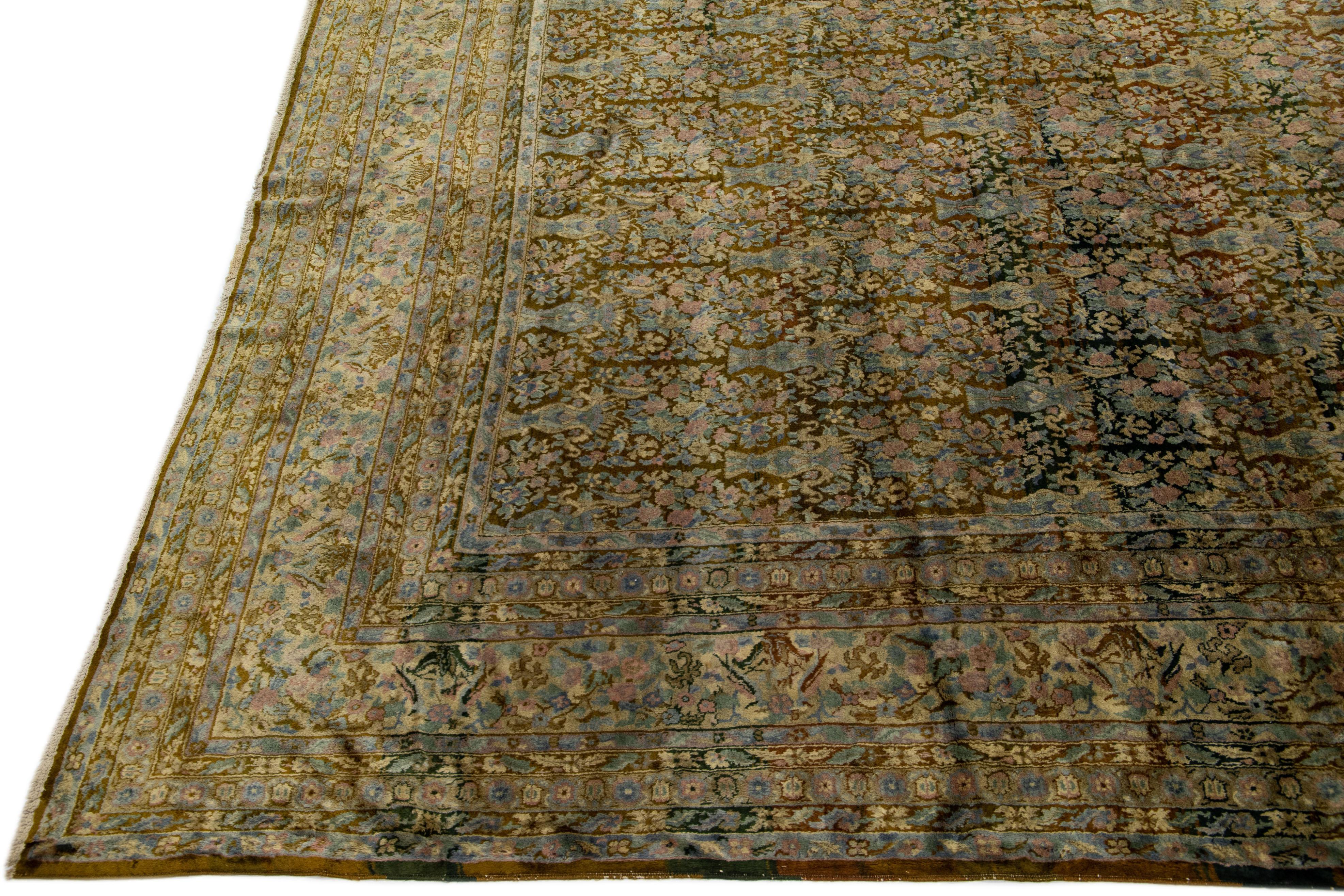 Hand-Knotted Brown Antique Indian Agra Handmade Allover Floral Wool Rug For Sale