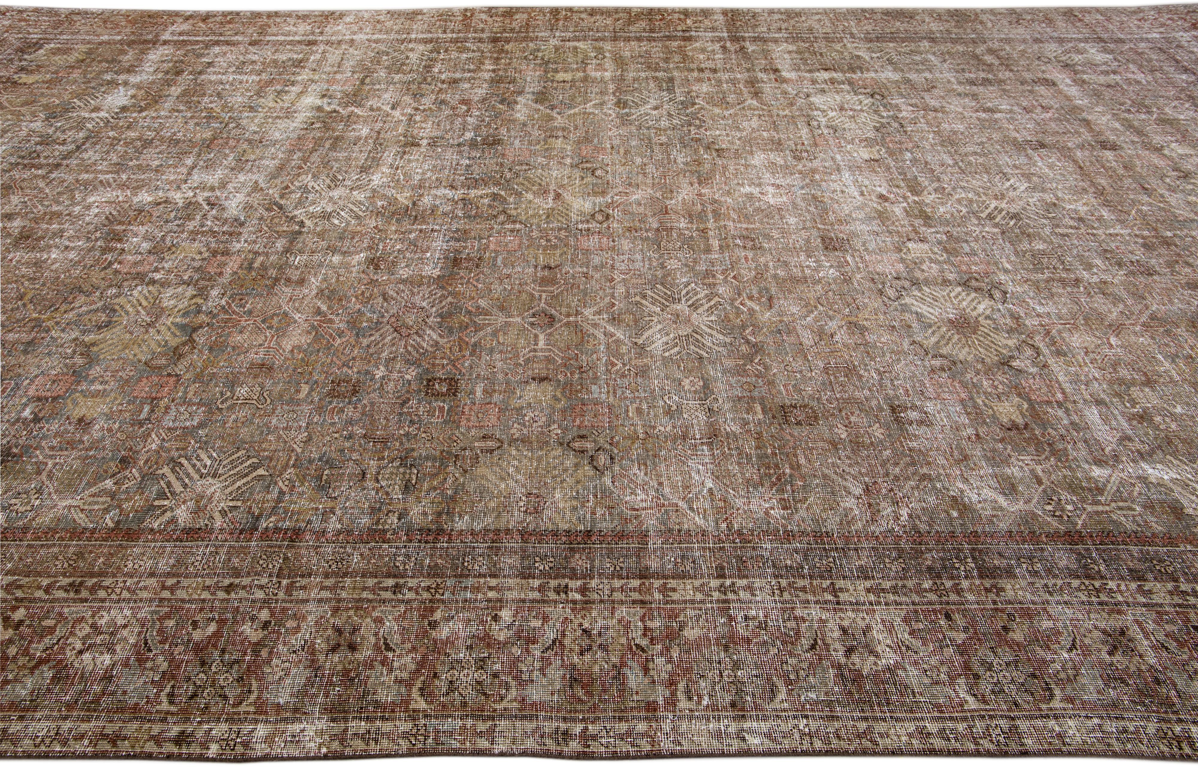 Hand-Knotted Brown Antique Mahal Handmade Designed Oversized Wool Rug For Sale