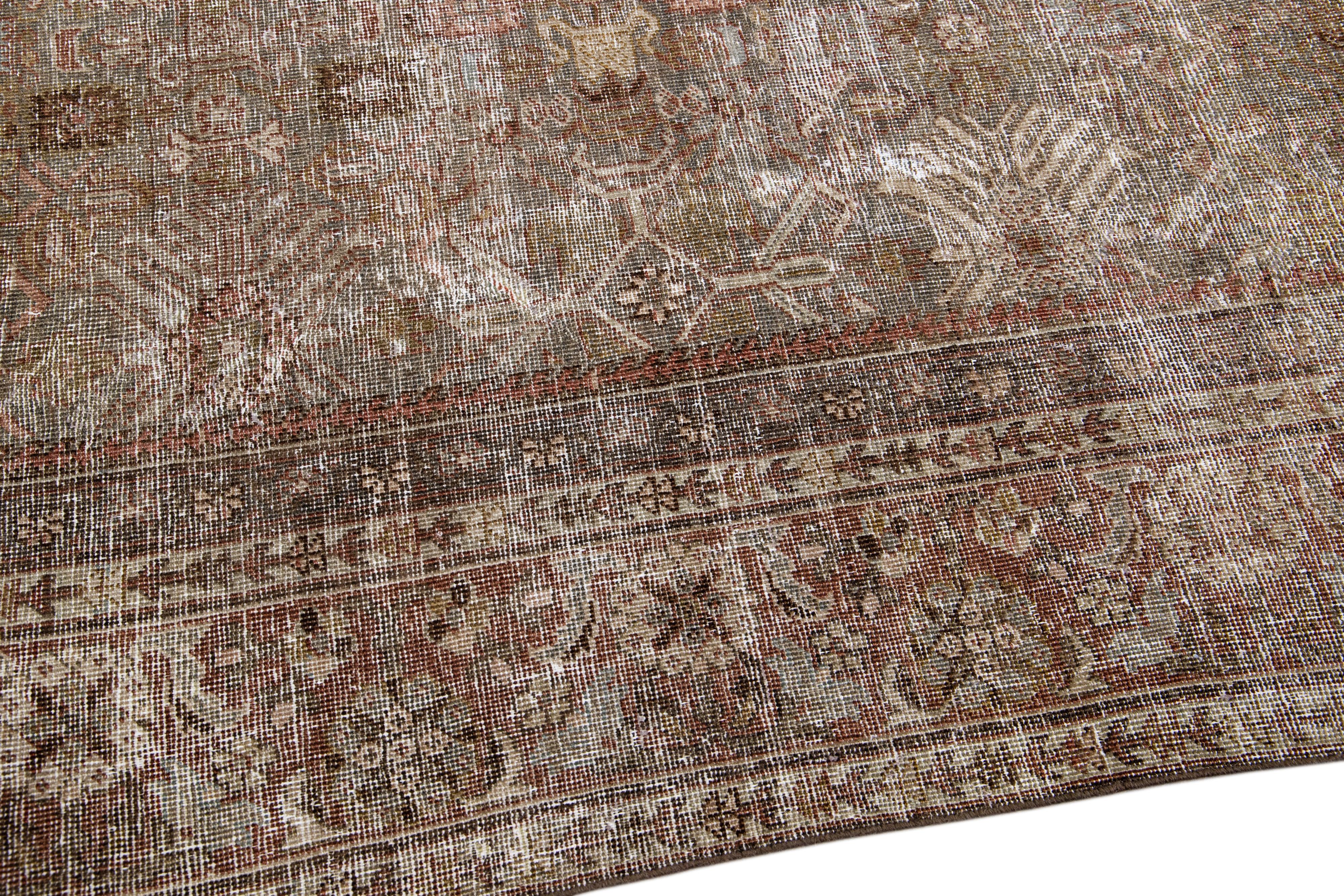 Brown Antique Mahal Handmade Designed Oversized Wool Rug In Distressed Condition For Sale In Norwalk, CT