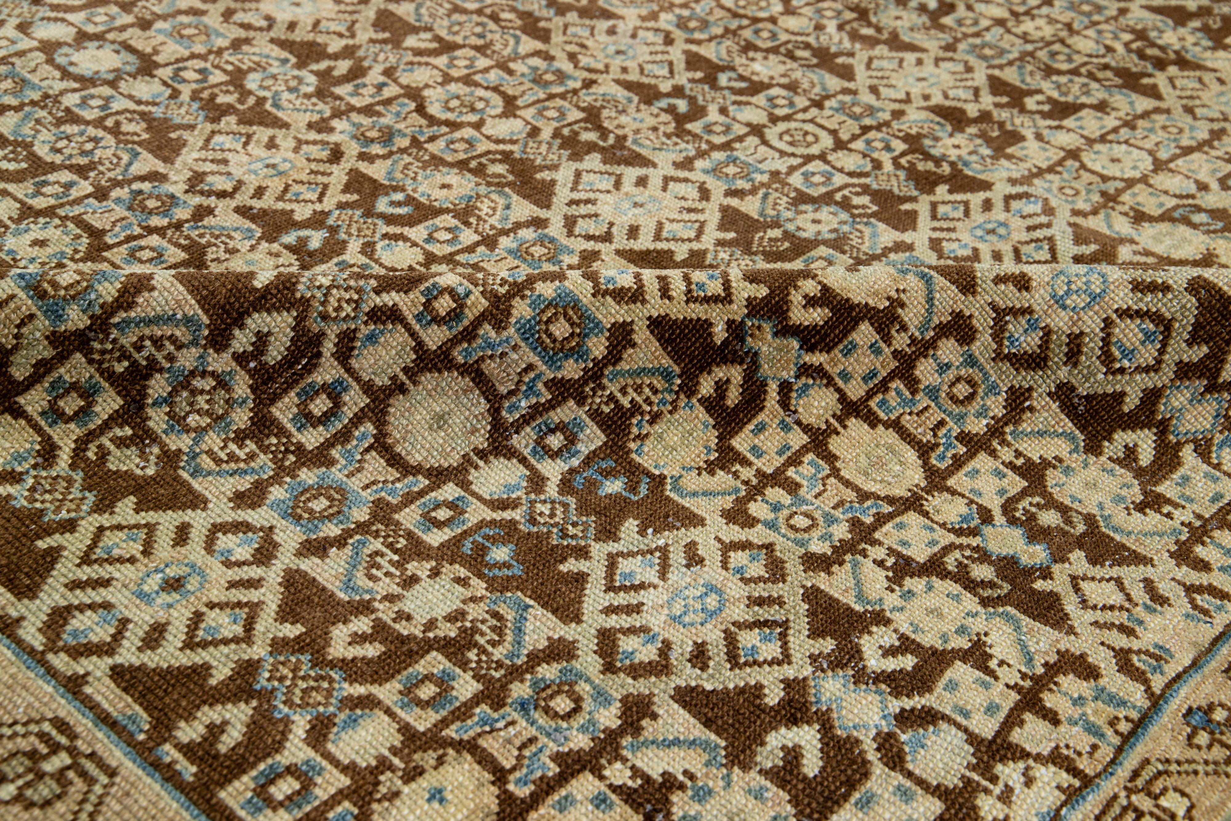 Brown Antique Malayer Wool Rug Handmade With Allover Pattern For Sale 4