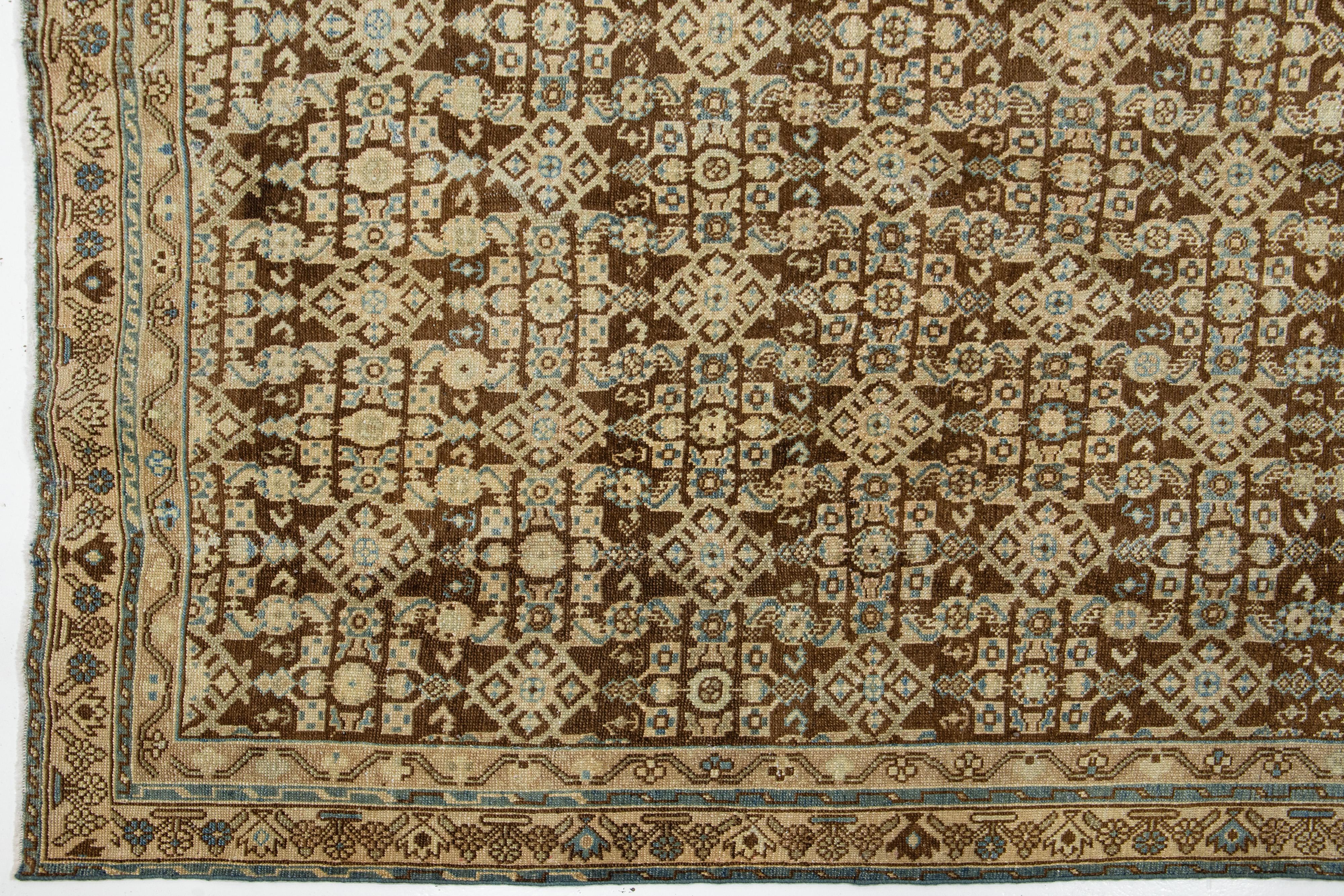 Hand-Knotted Brown Antique Malayer Wool Rug Handmade With Allover Pattern For Sale