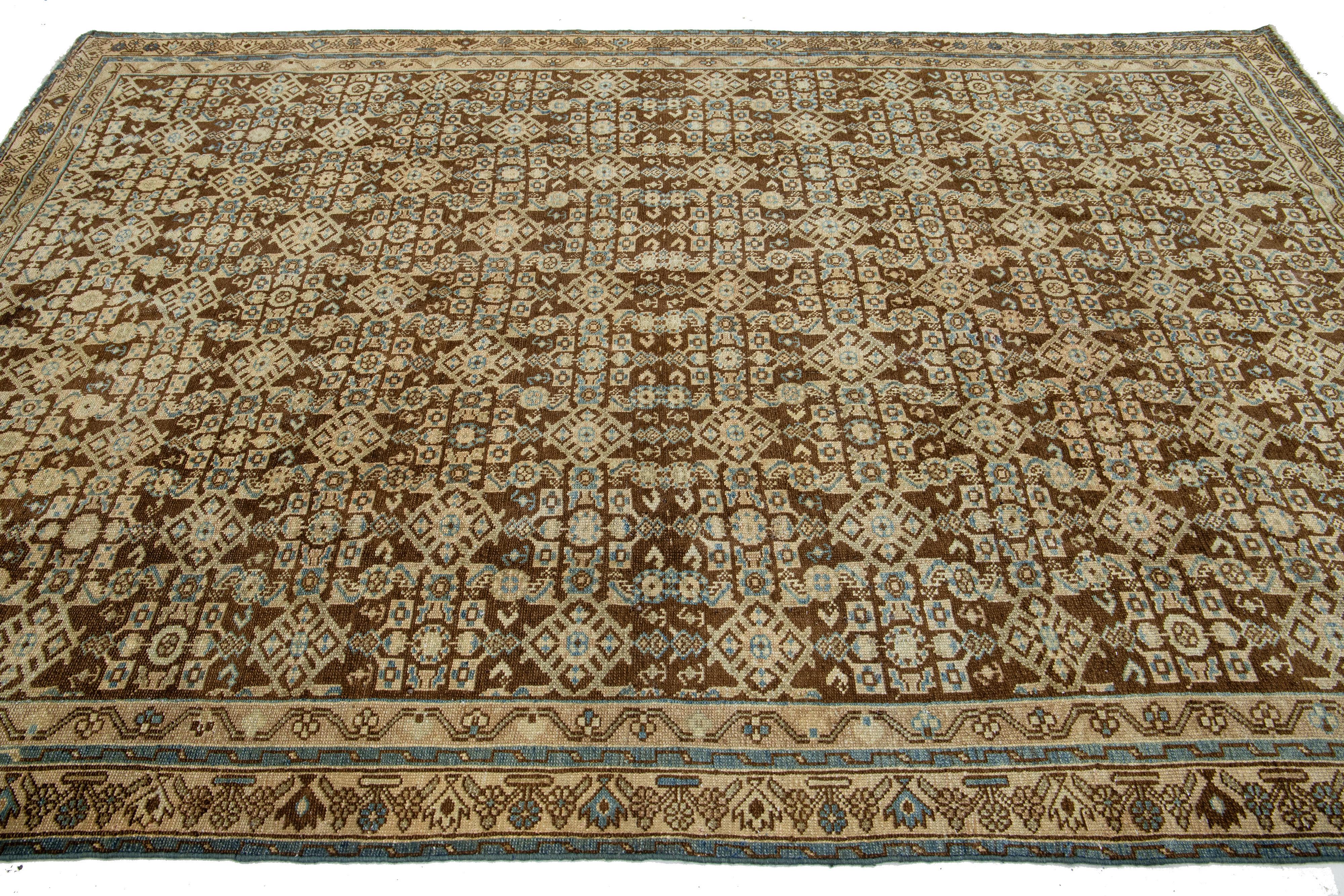 20th Century Brown Antique Malayer Wool Rug Handmade With Allover Pattern For Sale