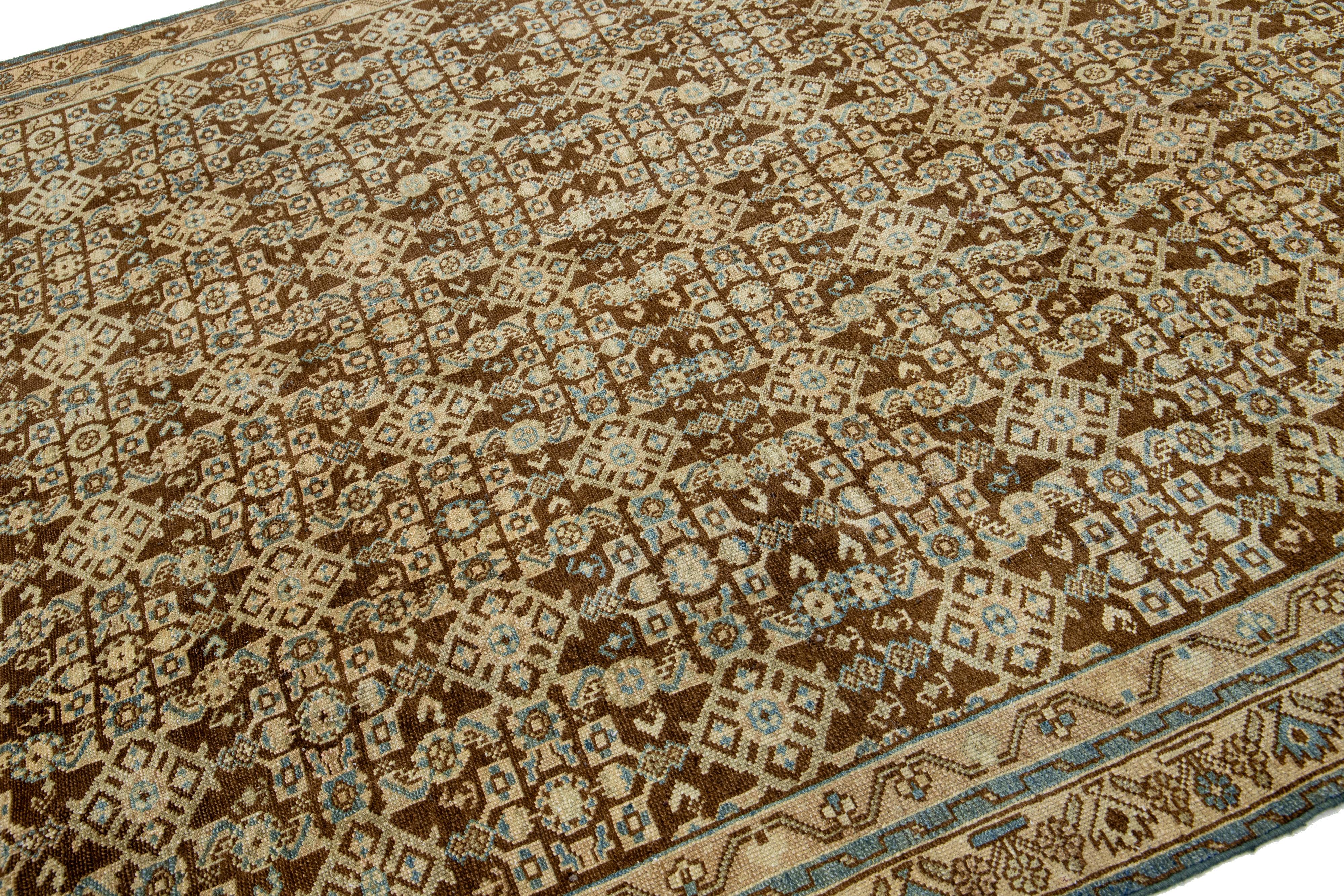 Brown Antique Malayer Wool Rug Handmade With Allover Pattern For Sale 1