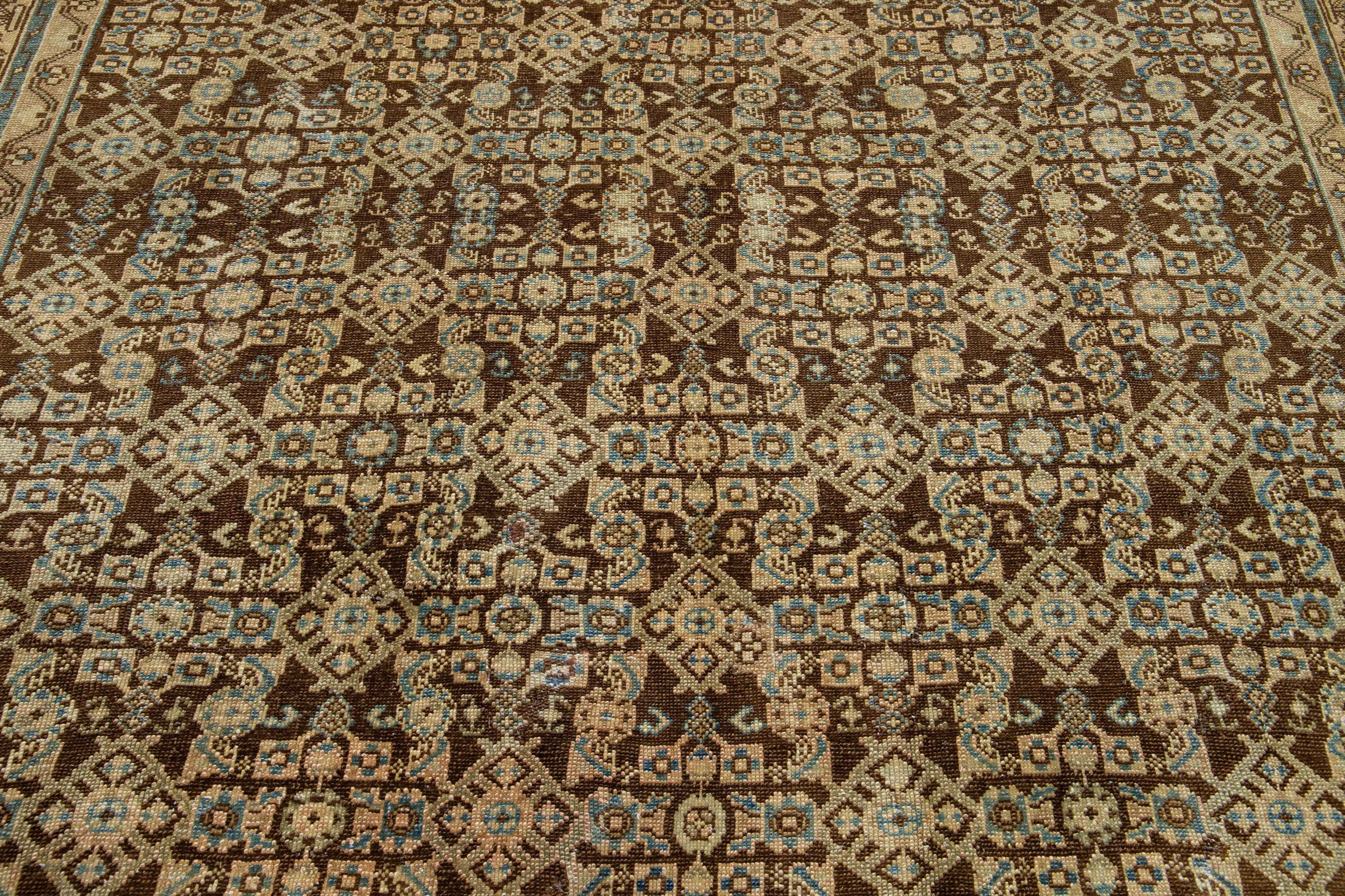 Brown Antique Malayer Wool Rug Handmade With Allover Pattern For Sale 2