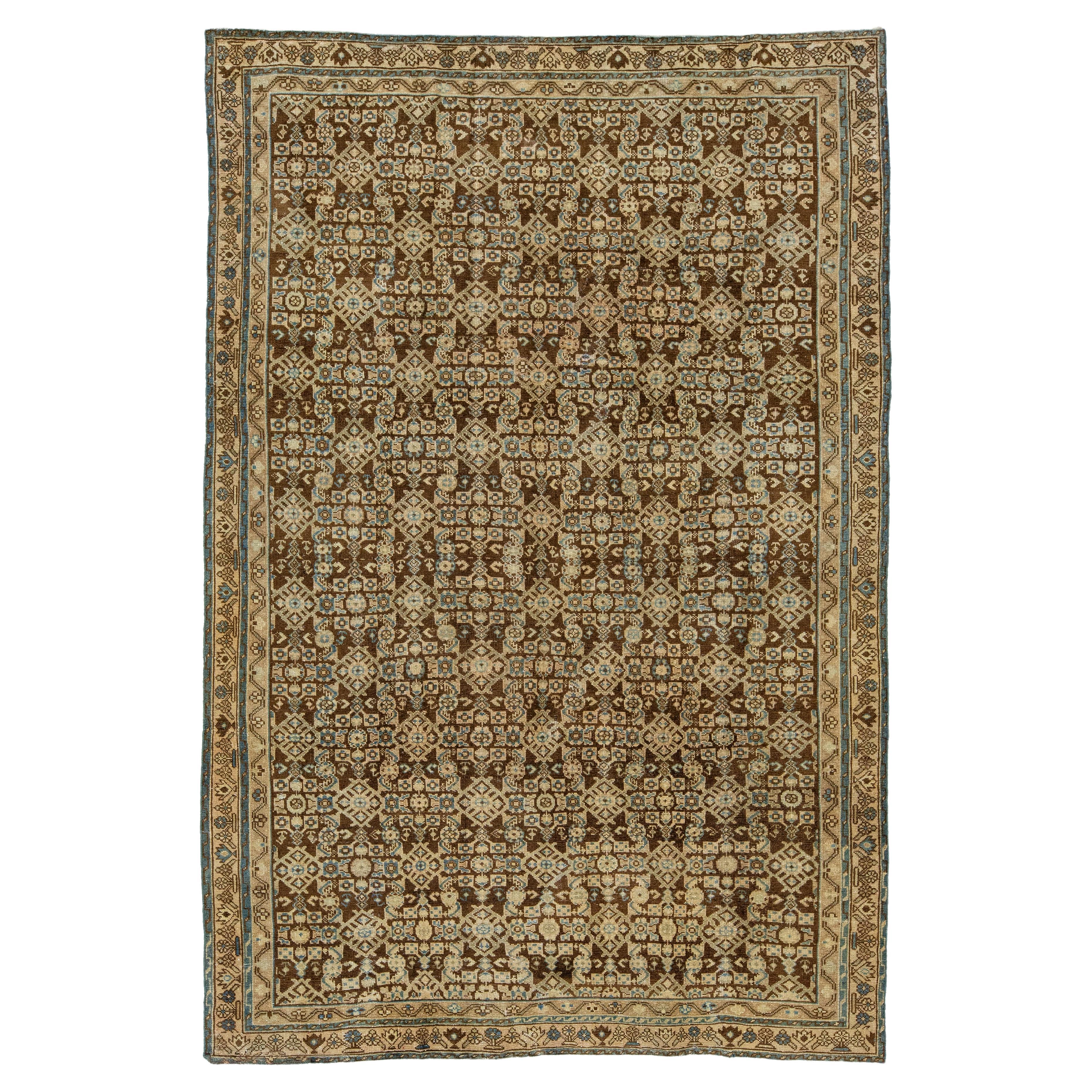 Brown Antique Malayer Wool Rug Handmade With Allover Pattern For Sale