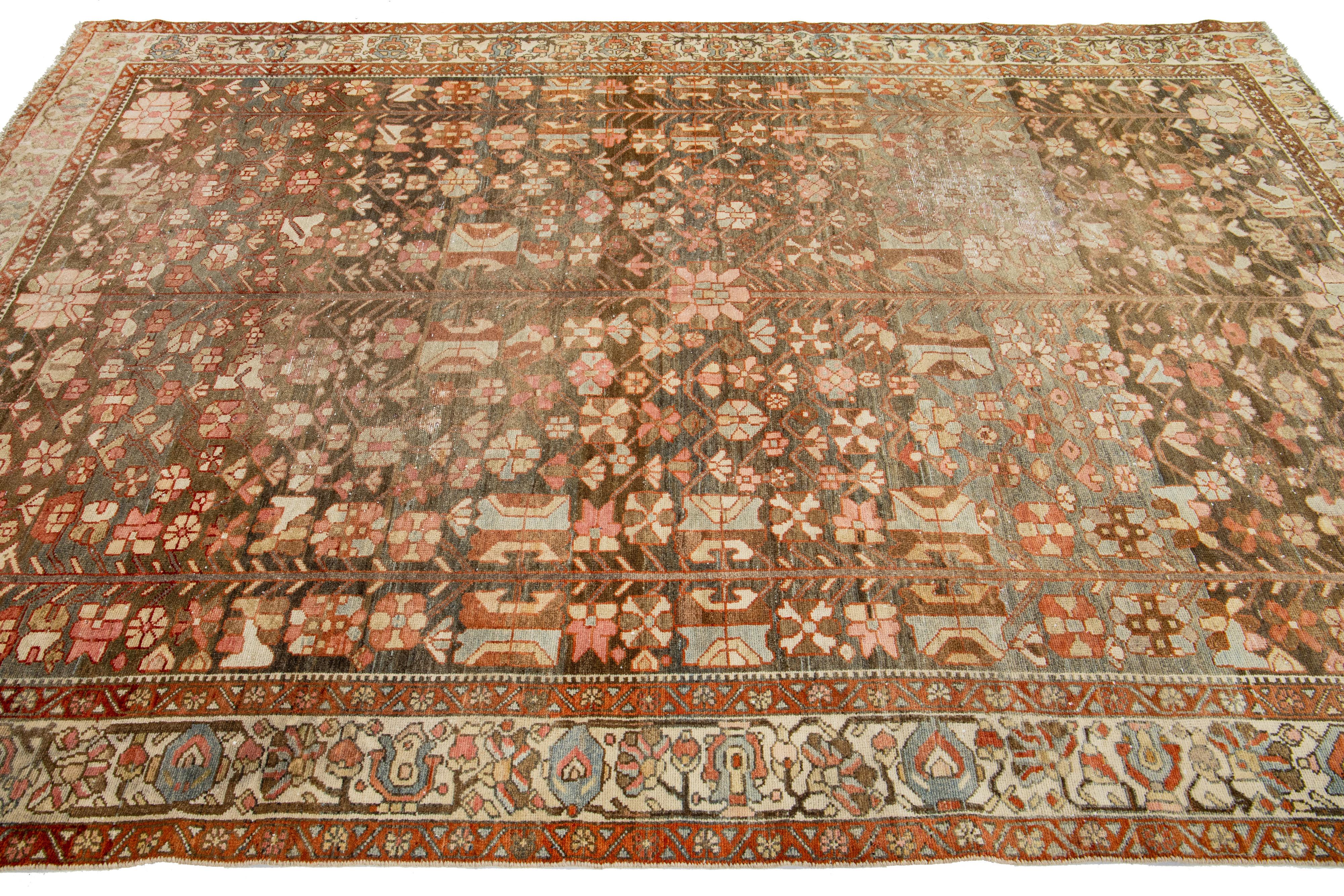 Hand-Knotted Brown Antique Persian Hamadan Wool Rug HandCrafted in the 1920s For Sale