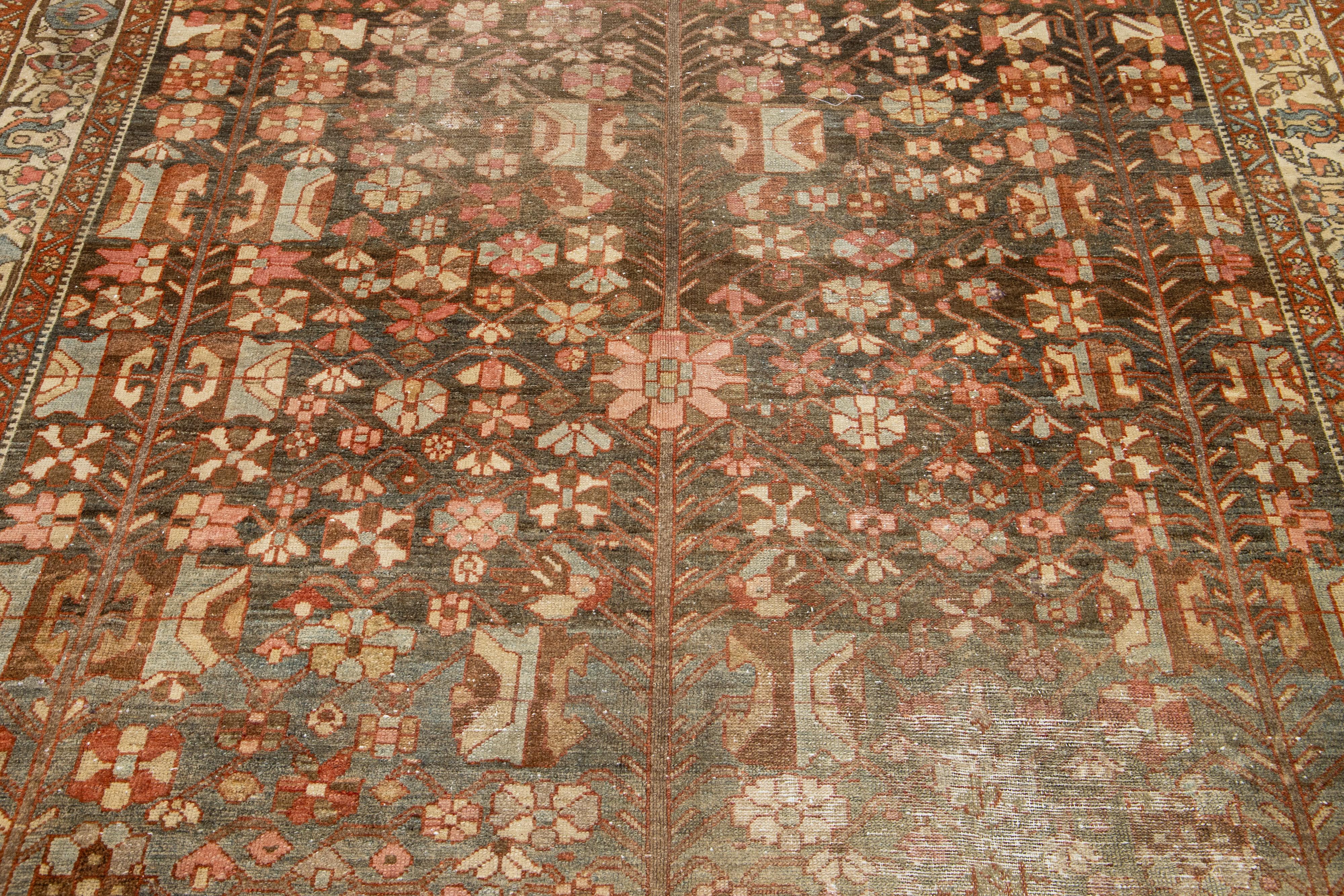 20th Century Brown Antique Persian Hamadan Wool Rug HandCrafted in the 1920s For Sale