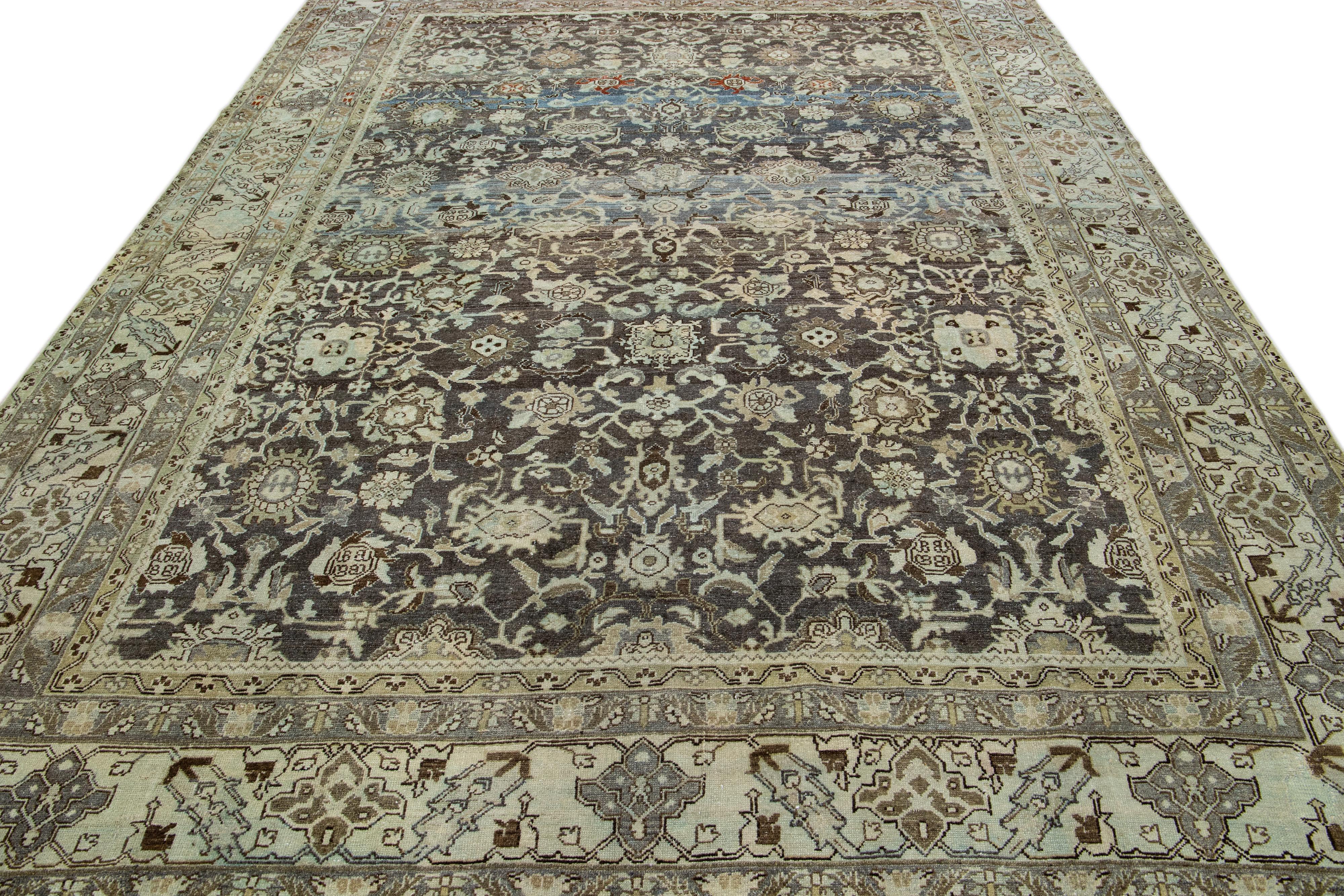 Heriz Serapi Brown Antique Persian Malayer Handmade Allover Designed Wool Rug For Sale