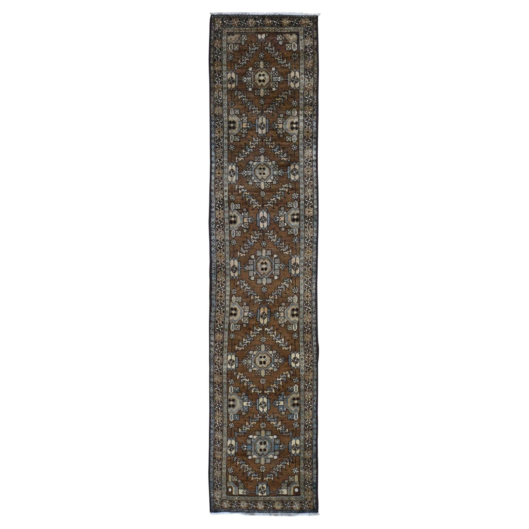 Brown Antique Persian Heriz With Soft Natural Colors Narrow Runner Rug