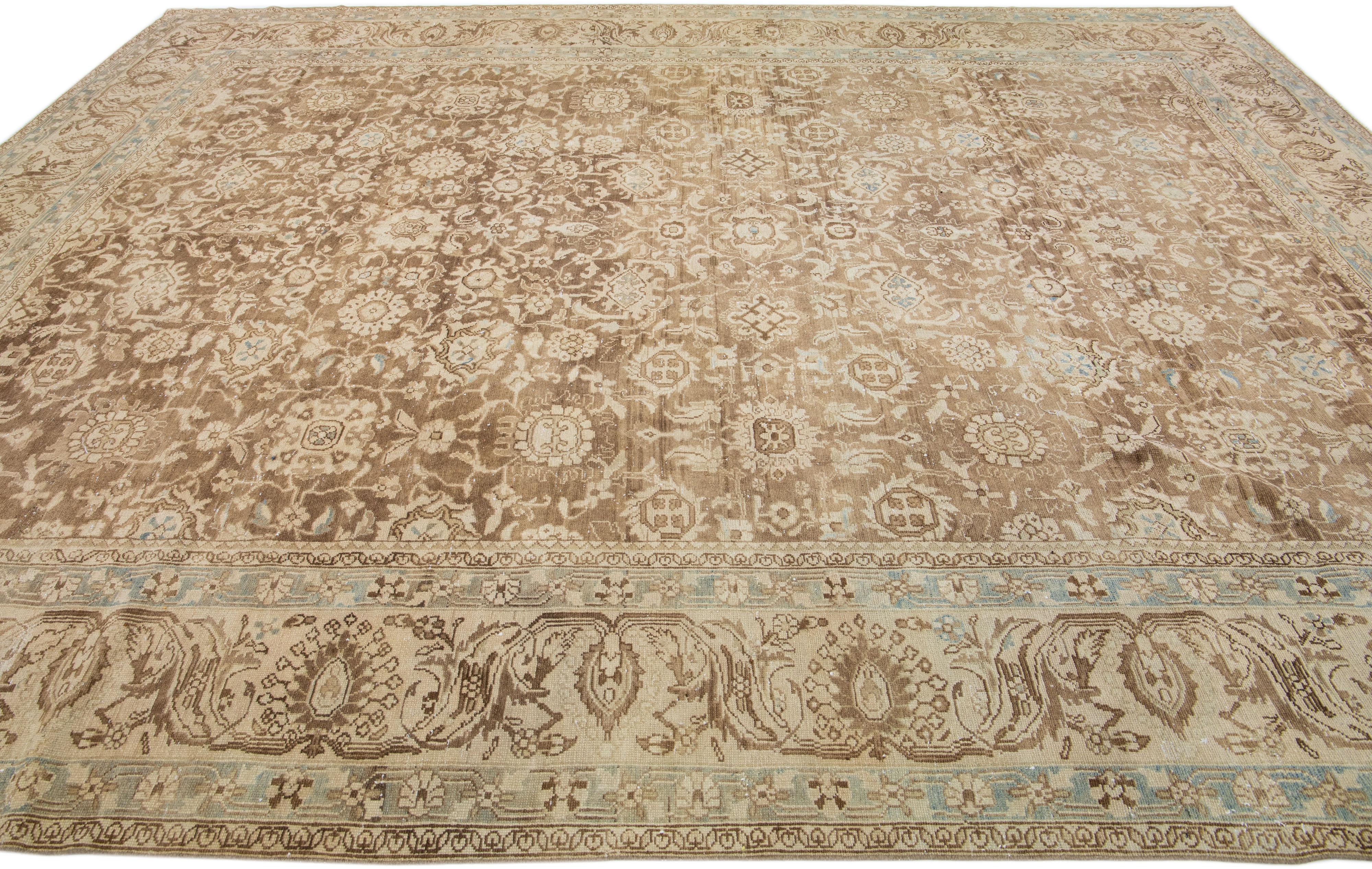 Hand-Knotted Brown Antique Persian Mahal Handmade Room Size Wool Rug with Allover Pattern For Sale