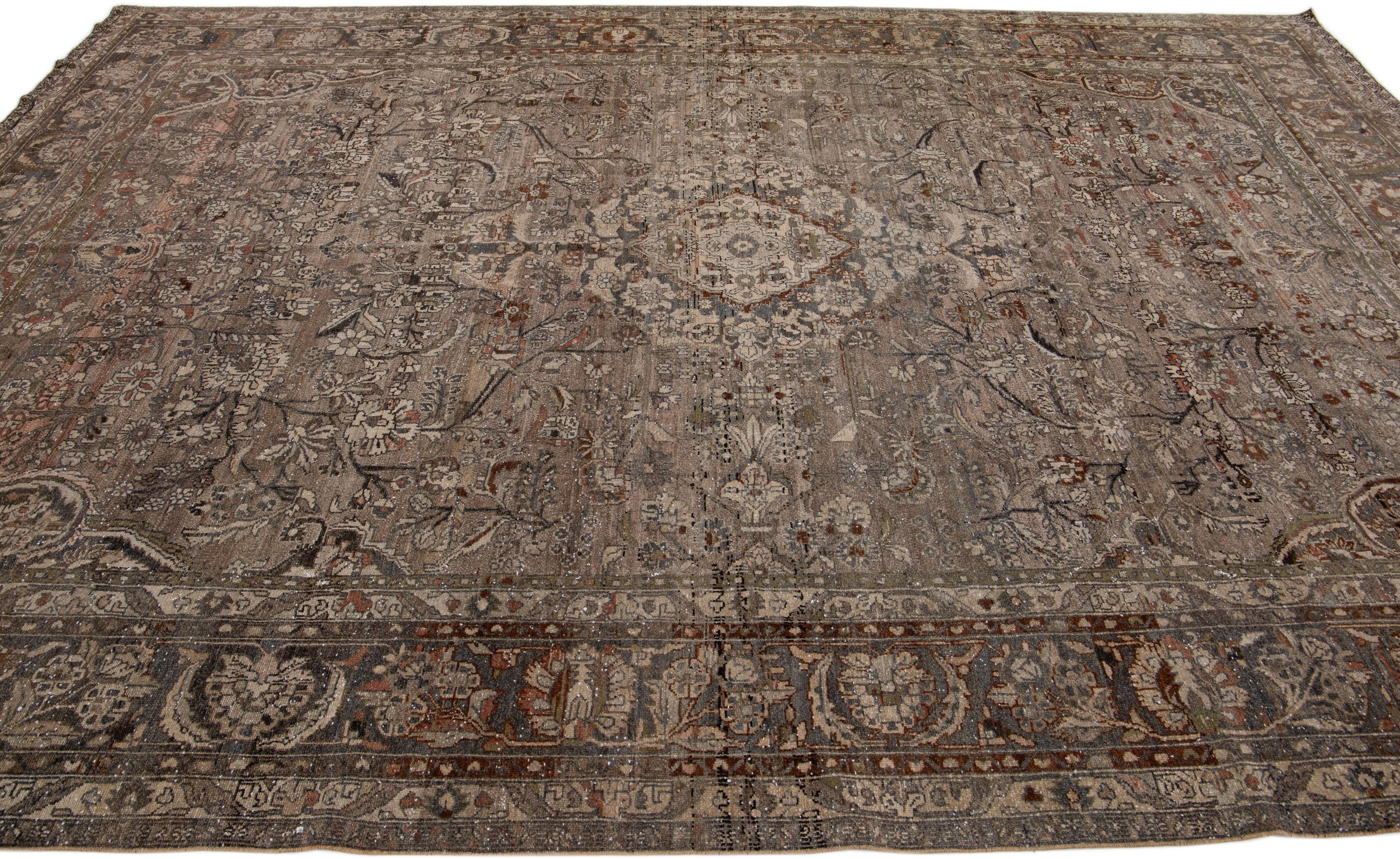 Hand-Knotted Brown Antique Persian Mahal Handmade Wool Rug with Medallion Motif For Sale