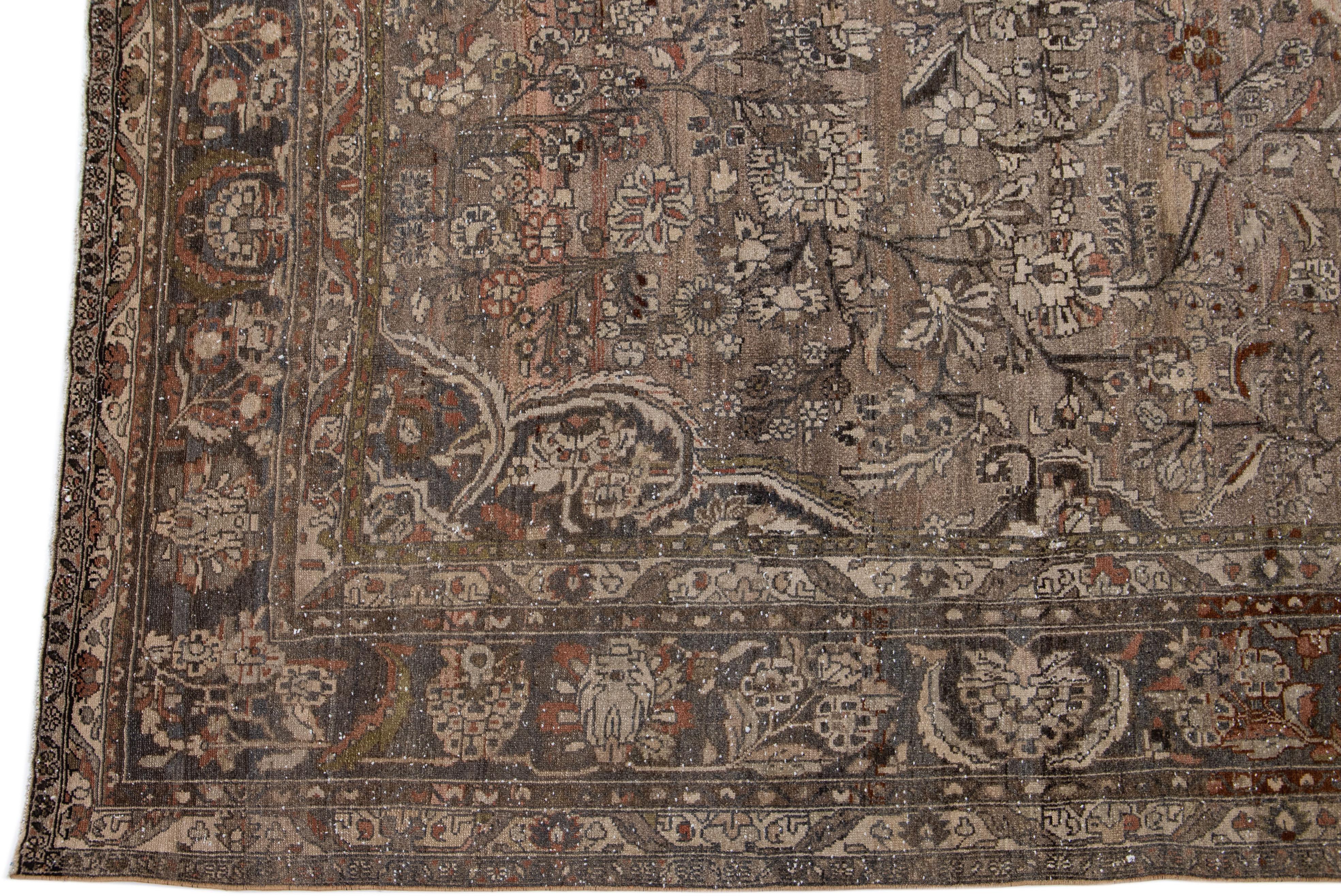 Brown Antique Persian Mahal Handmade Wool Rug with Medallion Motif In Distressed Condition For Sale In Norwalk, CT