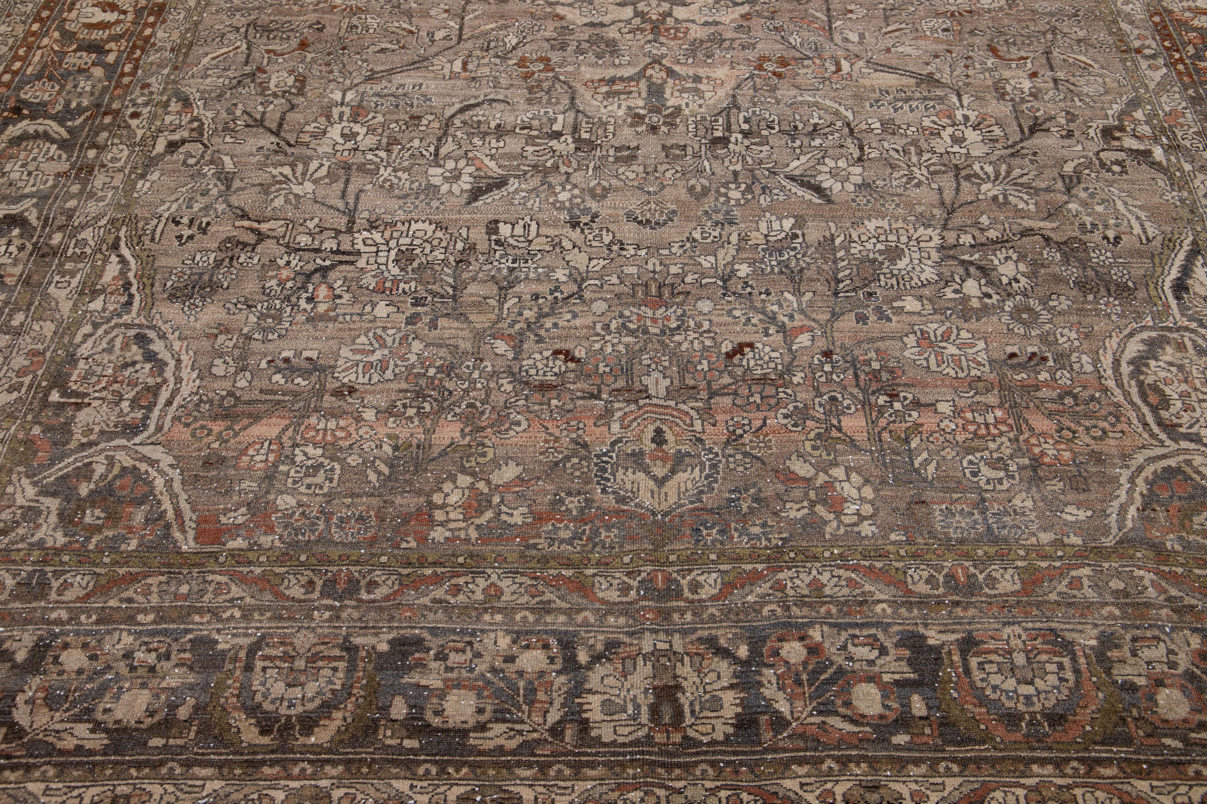 20th Century Brown Antique Persian Mahal Handmade Wool Rug with Medallion Motif For Sale