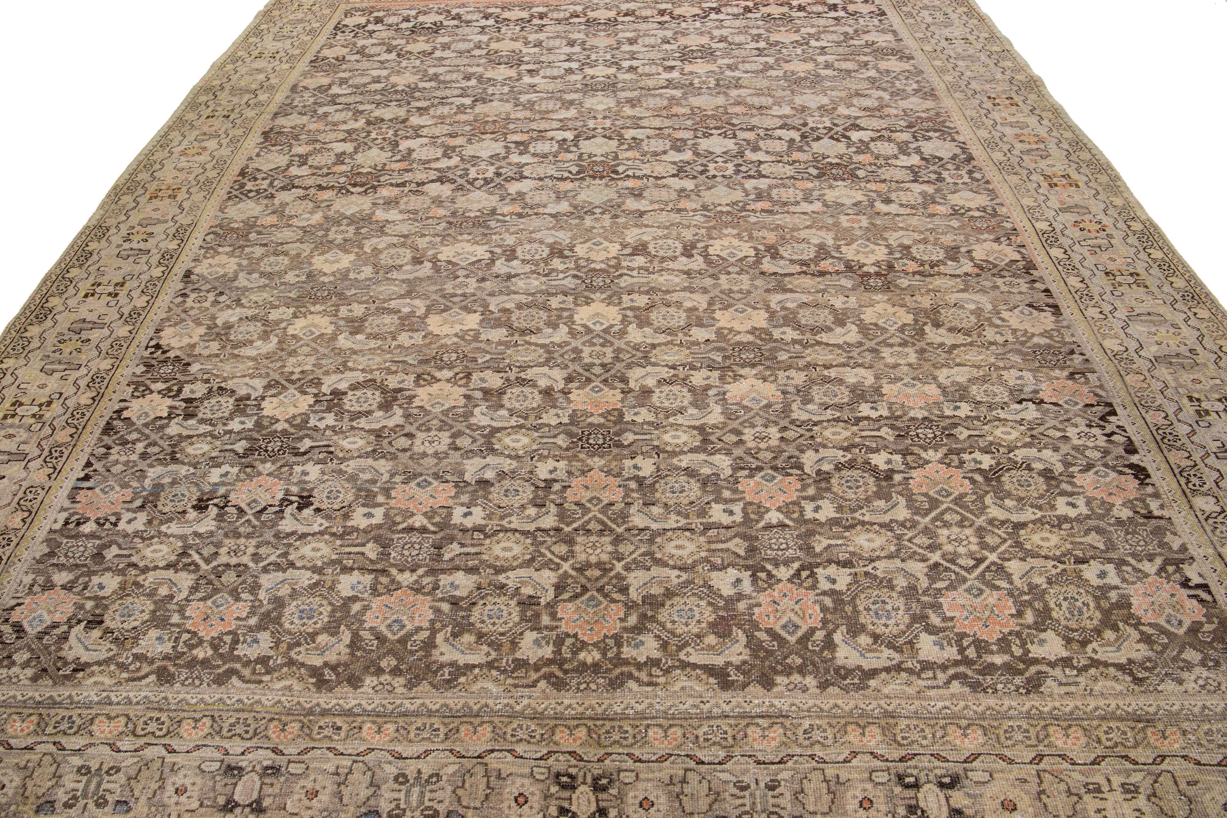 Hand-Knotted Brown Antique Persian Malayer Handmade Wool Rug with Allover Motif For Sale