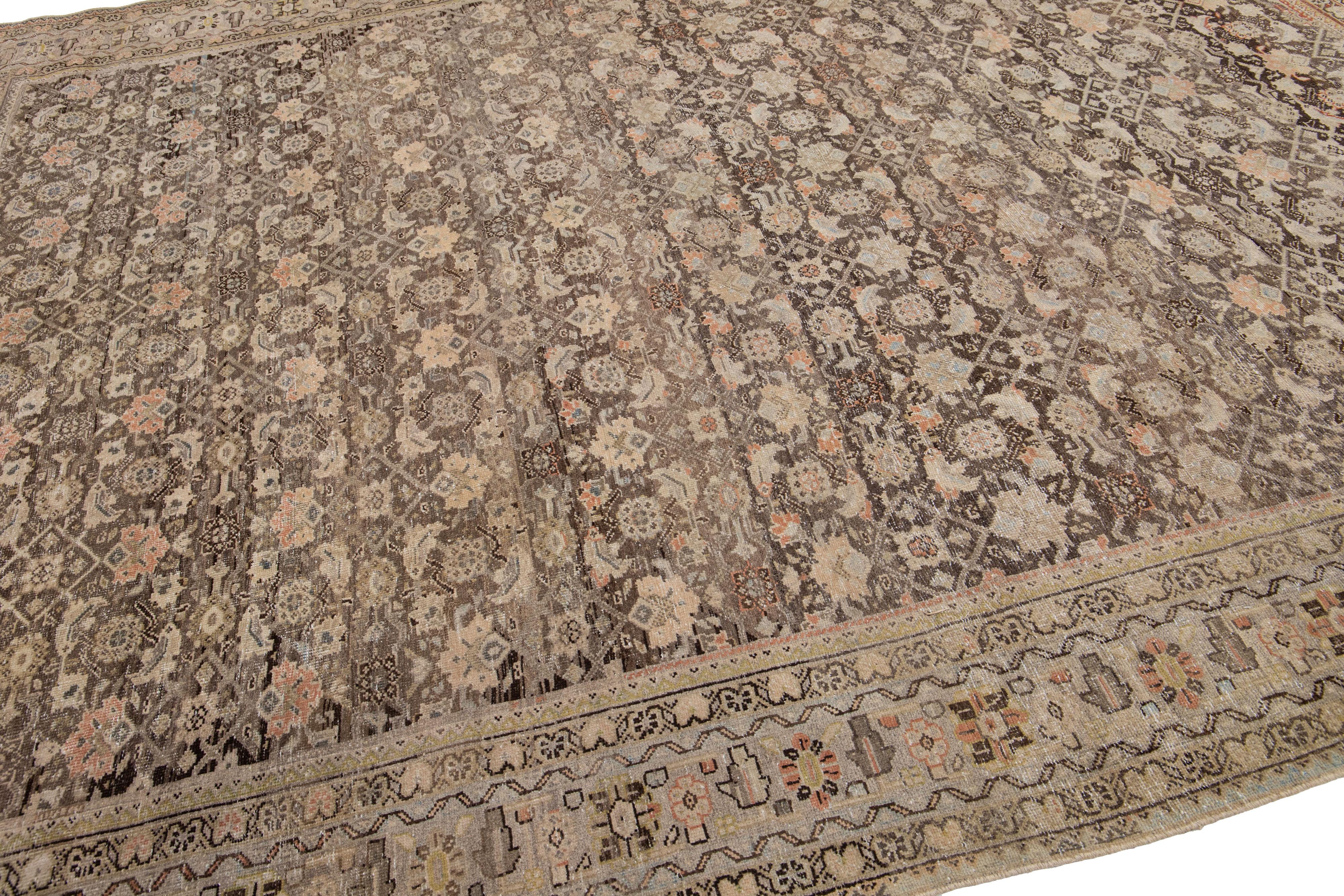 20th Century Brown Antique Persian Malayer Handmade Wool Rug with Allover Motif For Sale