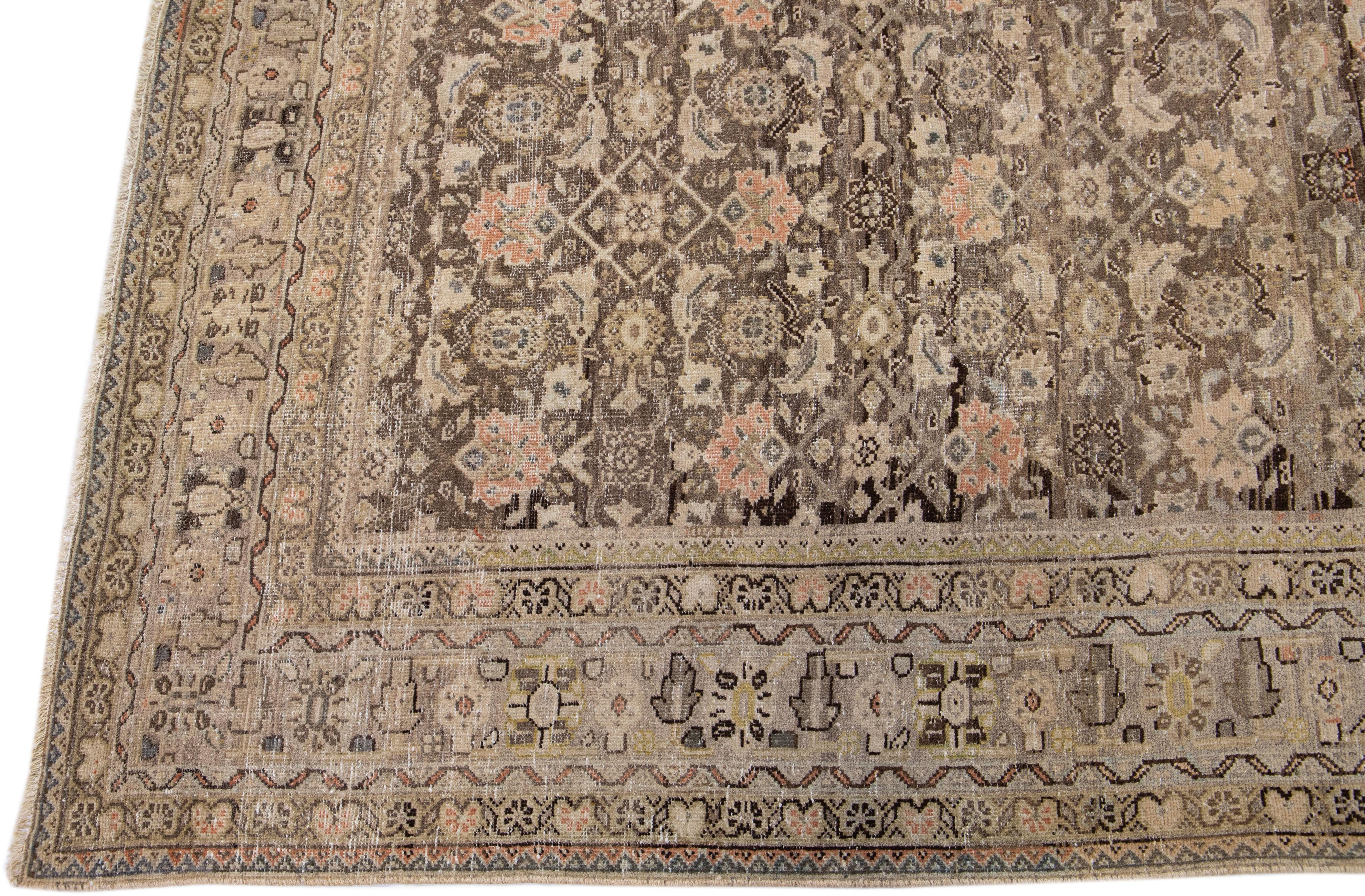 Brown Antique Persian Malayer Handmade Wool Rug with Allover Motif For Sale 1