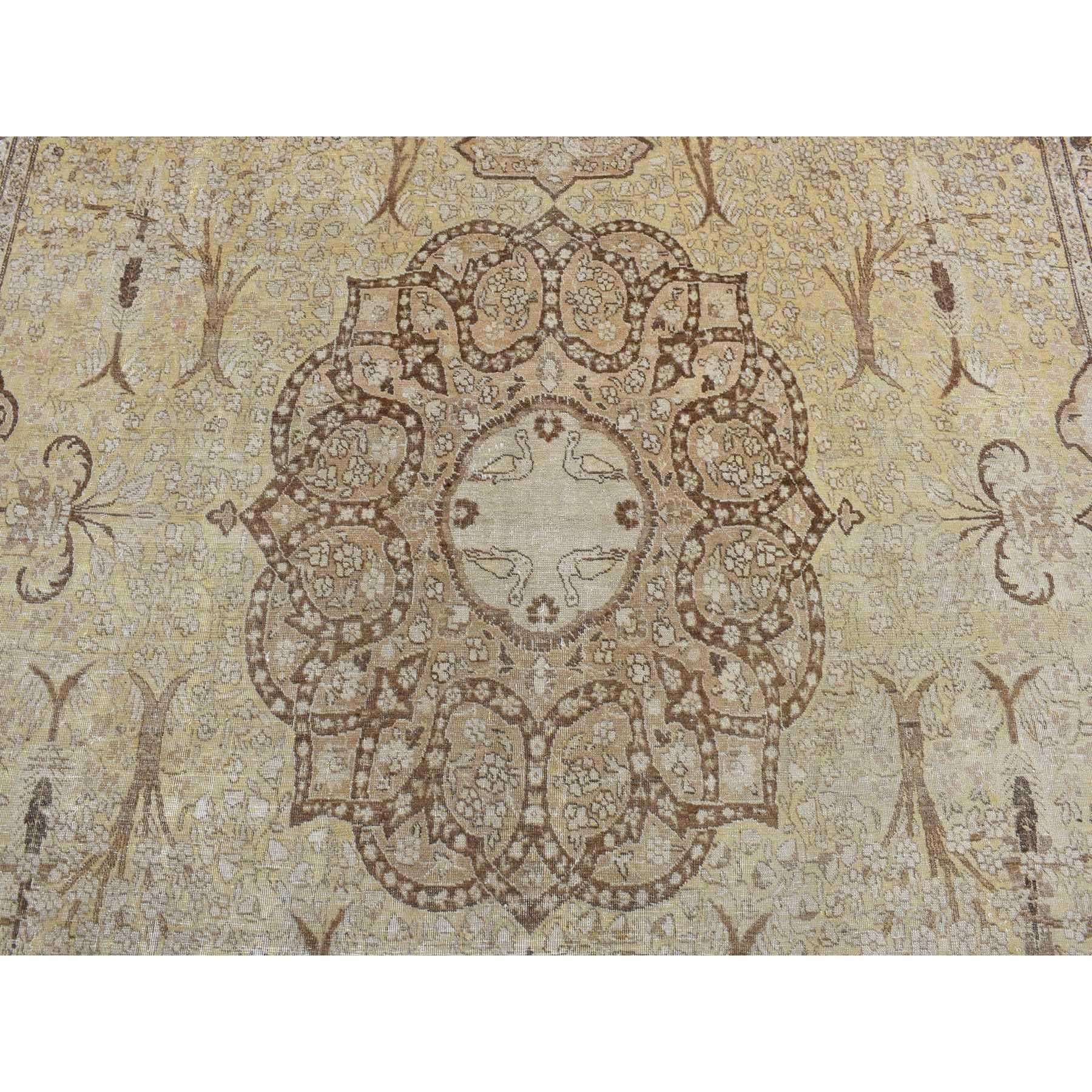 Brown Antique Persian Tabriz Birds and Trees Design Pure Wool Hand Knotted Rug im Angebot 1