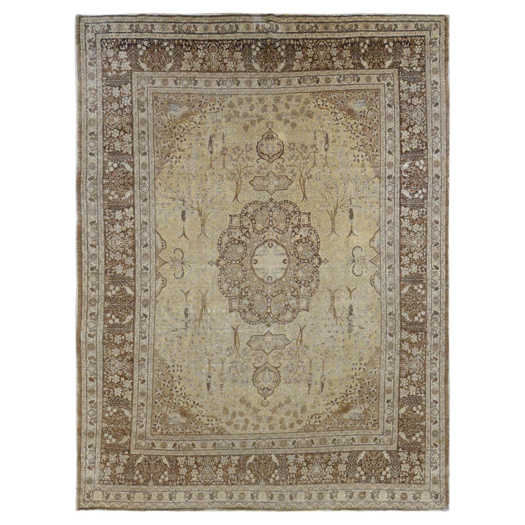 Brown Antique Persian Tabriz Birds and Trees Design Pure Wool Hand Knotted Rug