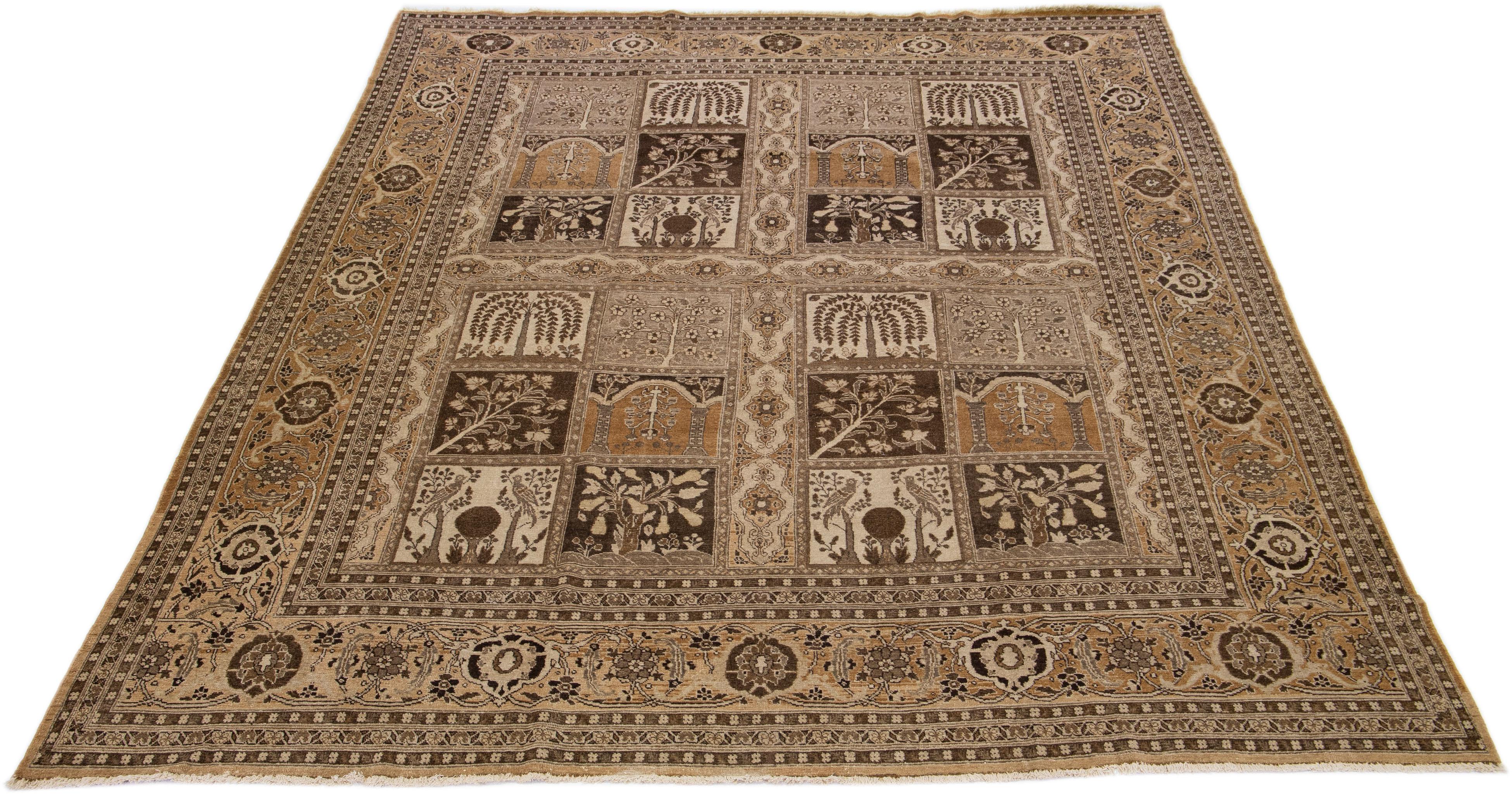Hand-Knotted Brown Antique Persian Tabriz Handmade Wool Rug with Allover Design For Sale
