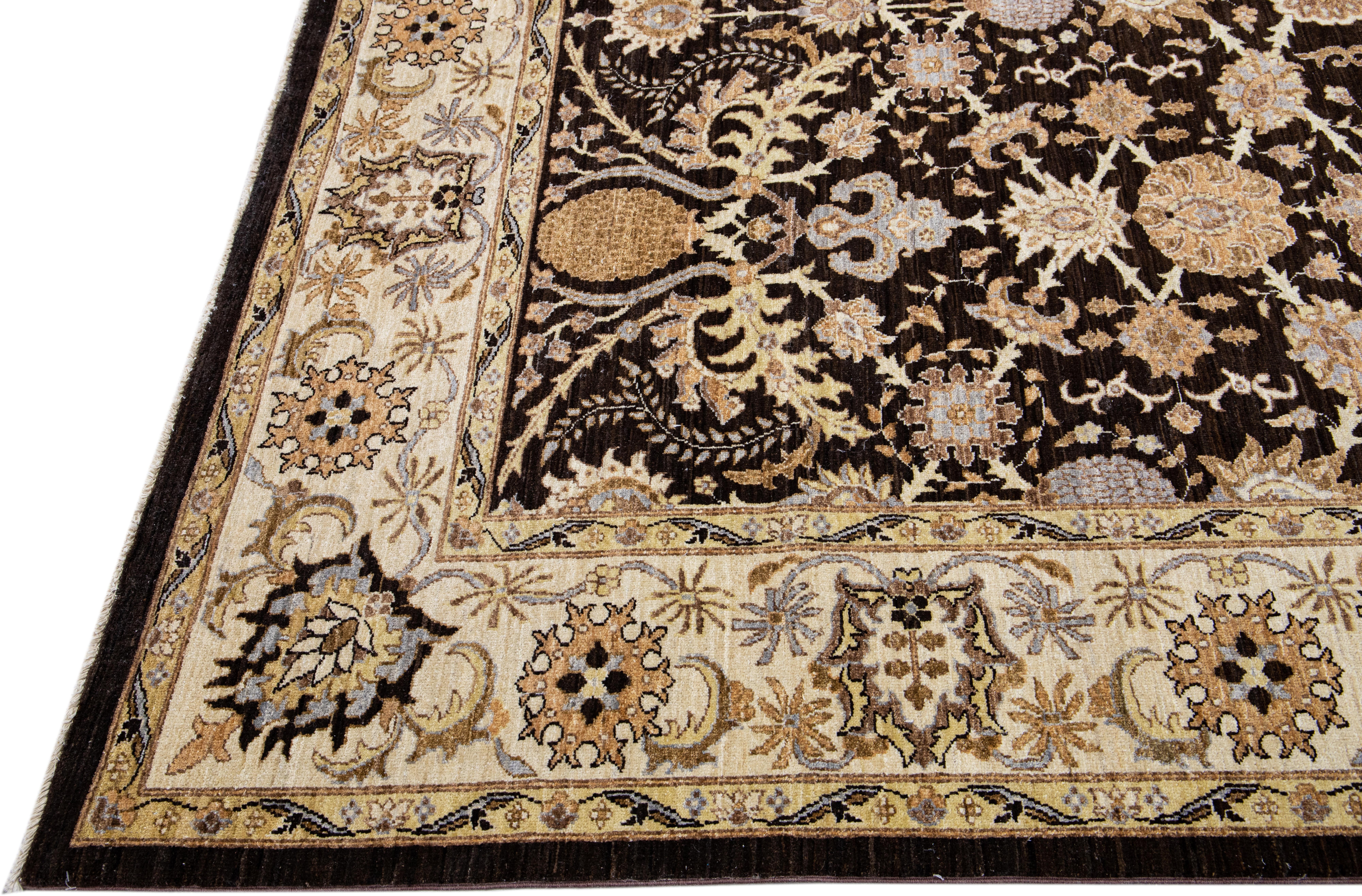 Persian Brown Antique Peshawar Handmade Allover Designed Wool Rug For Sale