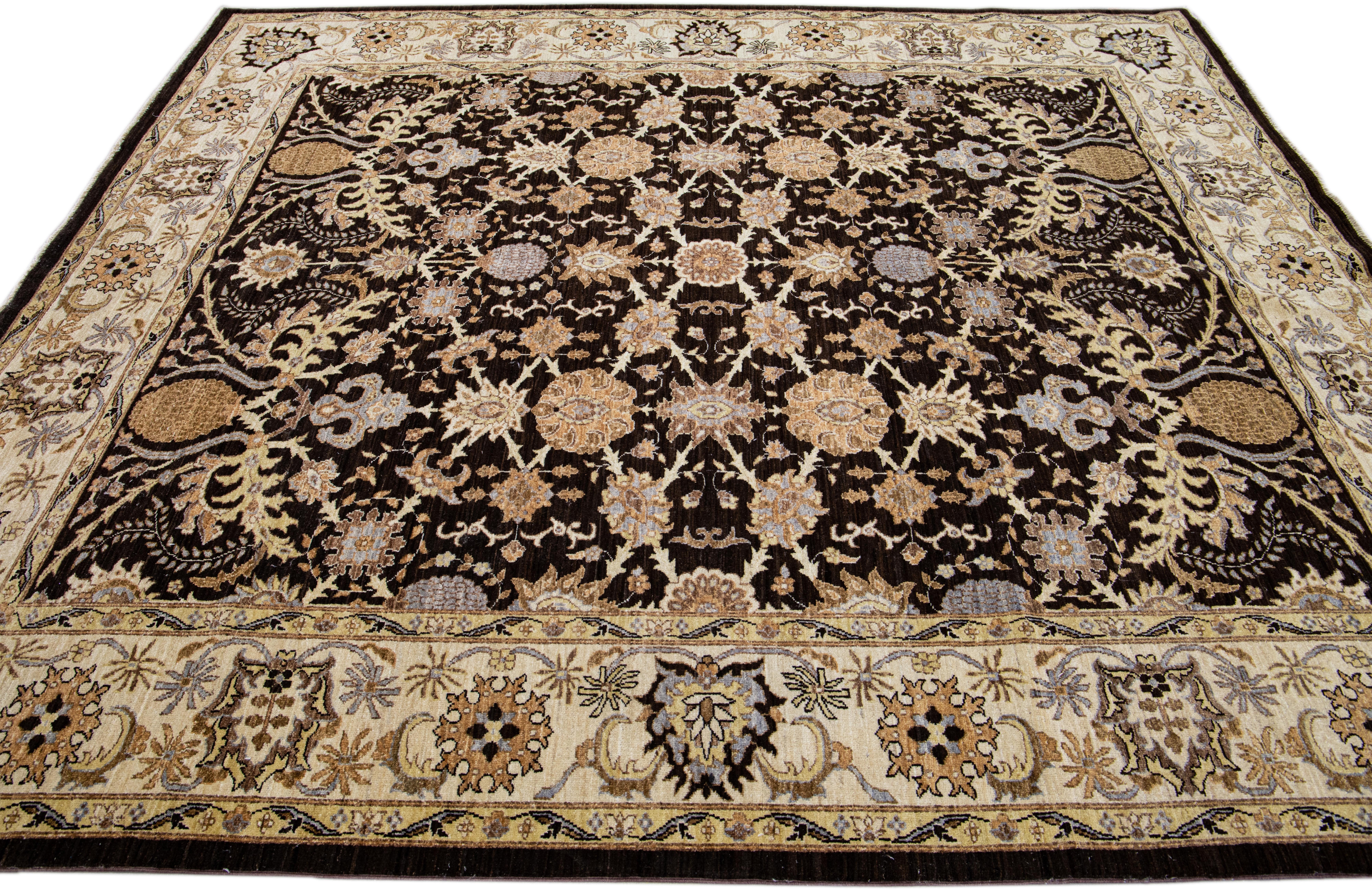 Hand-Knotted Brown Antique Peshawar Handmade Allover Designed Wool Rug For Sale