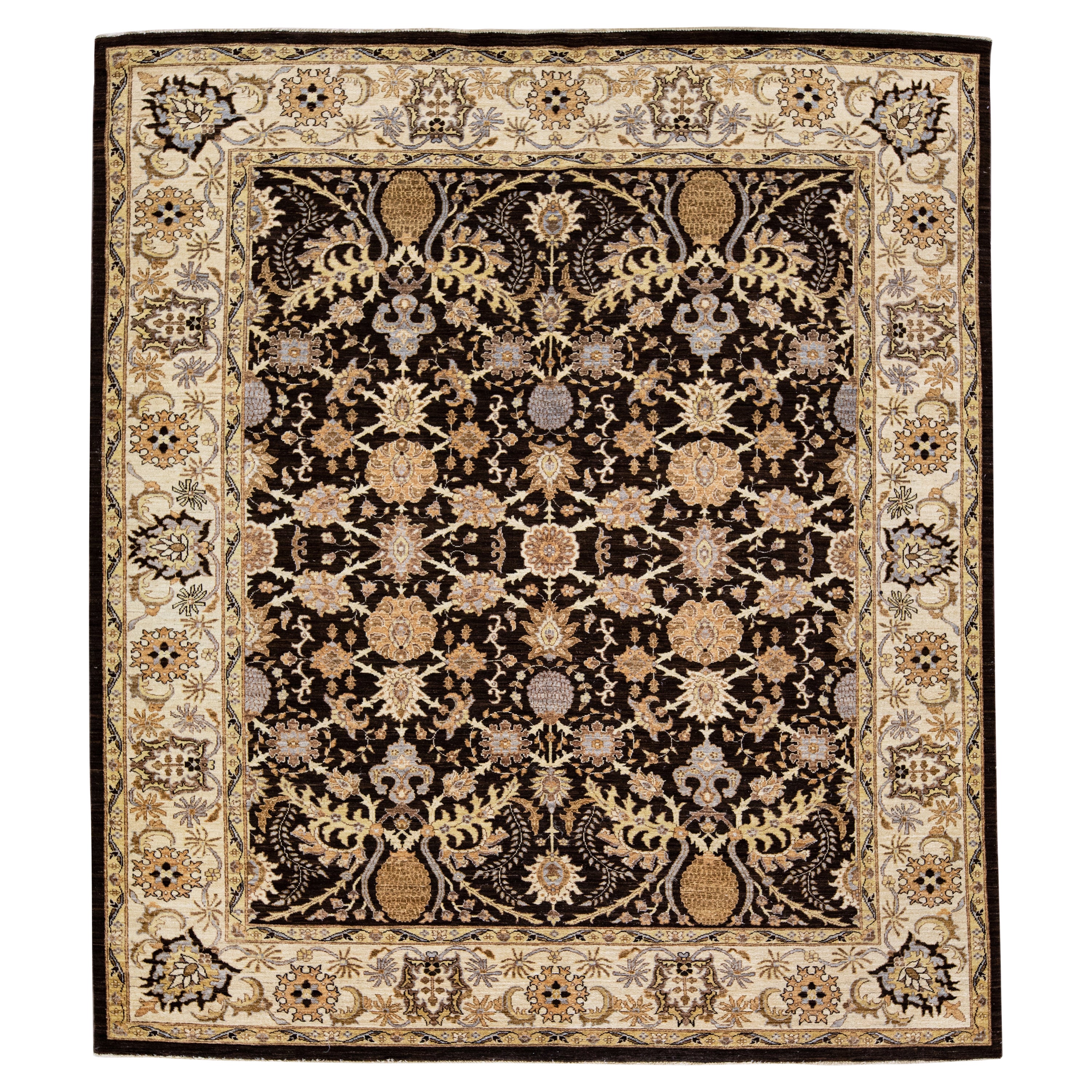 Brown Antique Peshawar Handmade Allover Designed Wool Rug