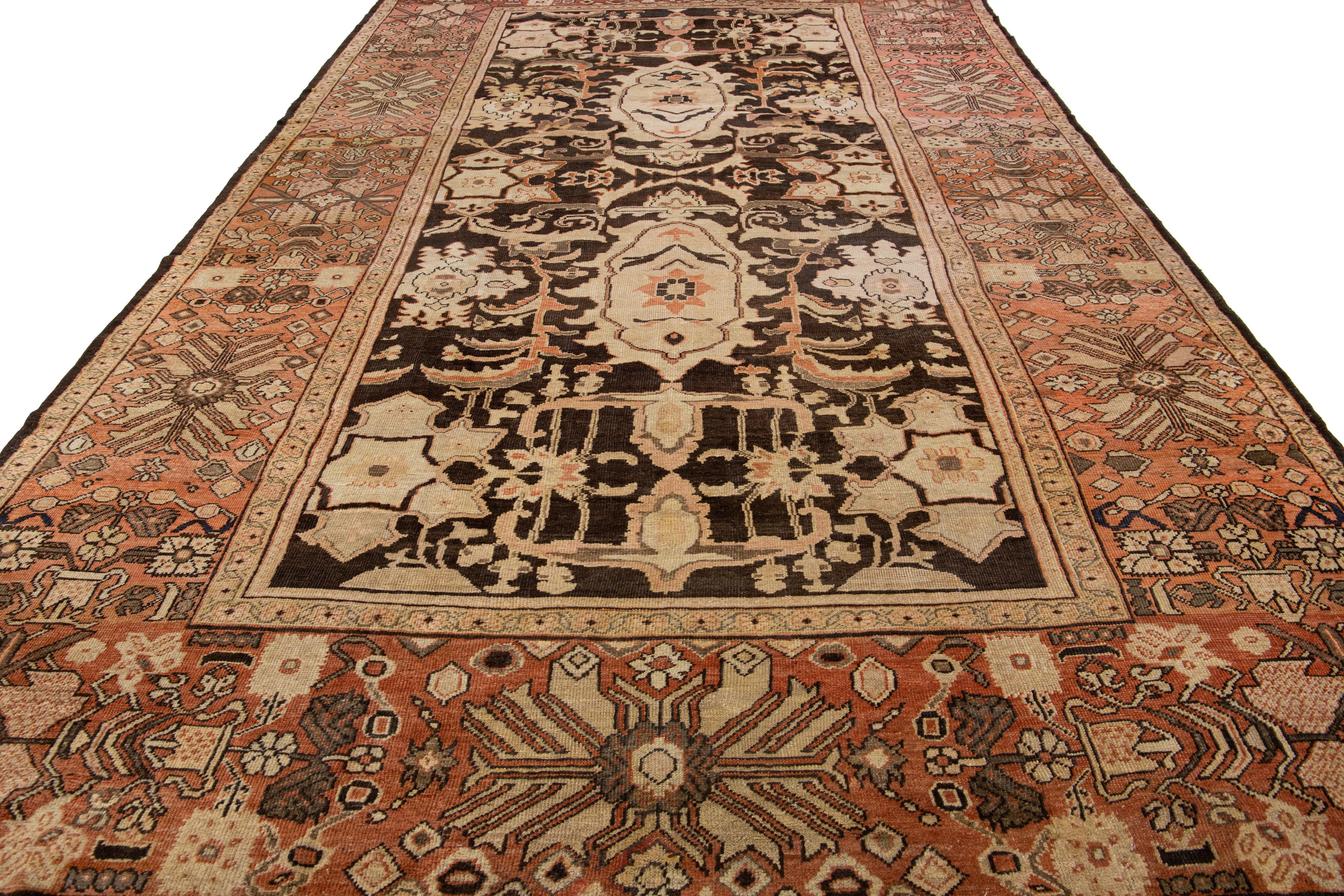 Islamic Brown Antique Sultanabad Handmade Floral Motif Oversize Wool Rug For Sale