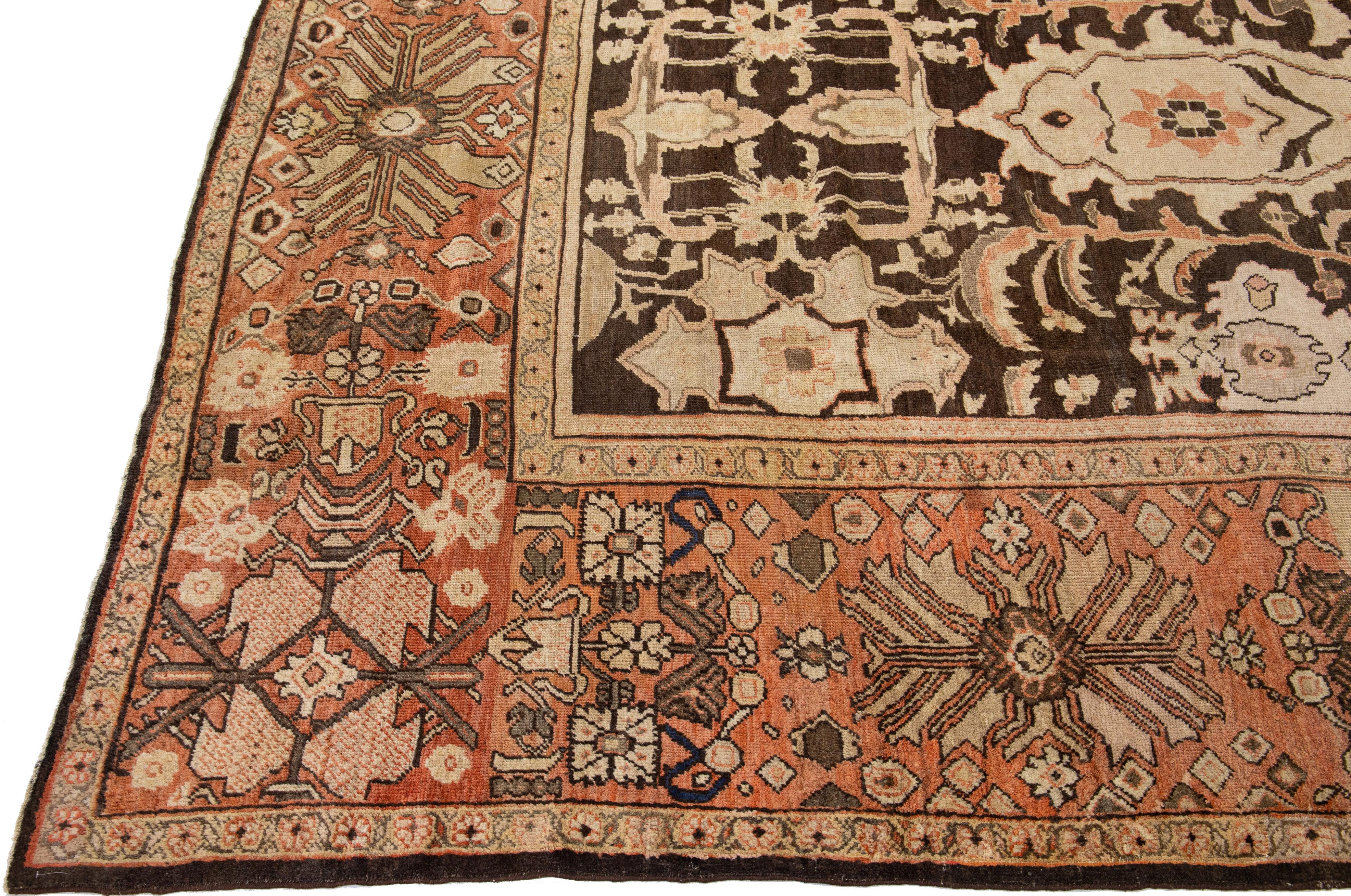 Persian Brown Antique Sultanabad Handmade Floral Motif Oversize Wool Rug For Sale