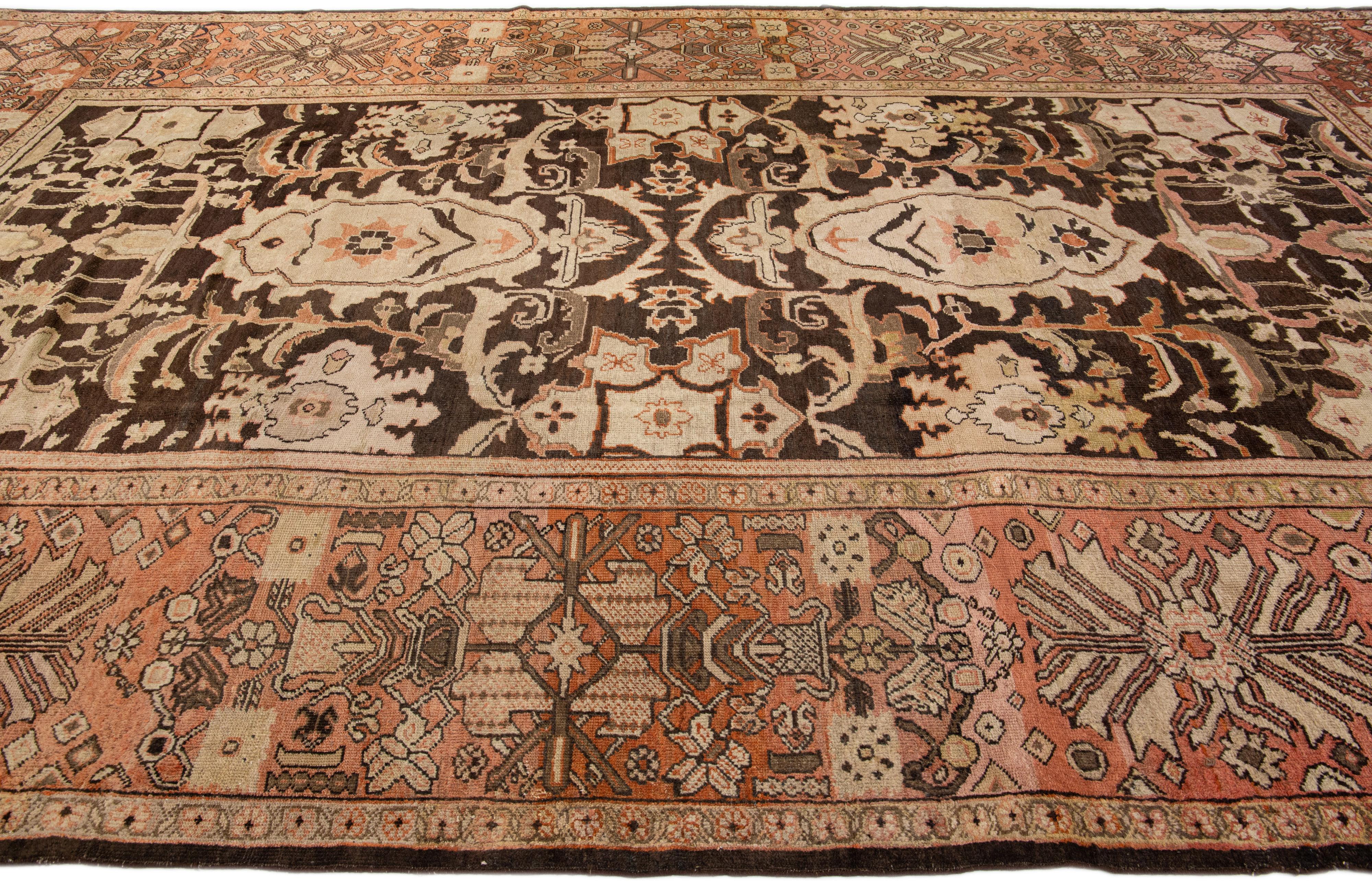 Hand-Knotted Brown Antique Sultanabad Handmade Floral Motif Oversize Wool Rug For Sale