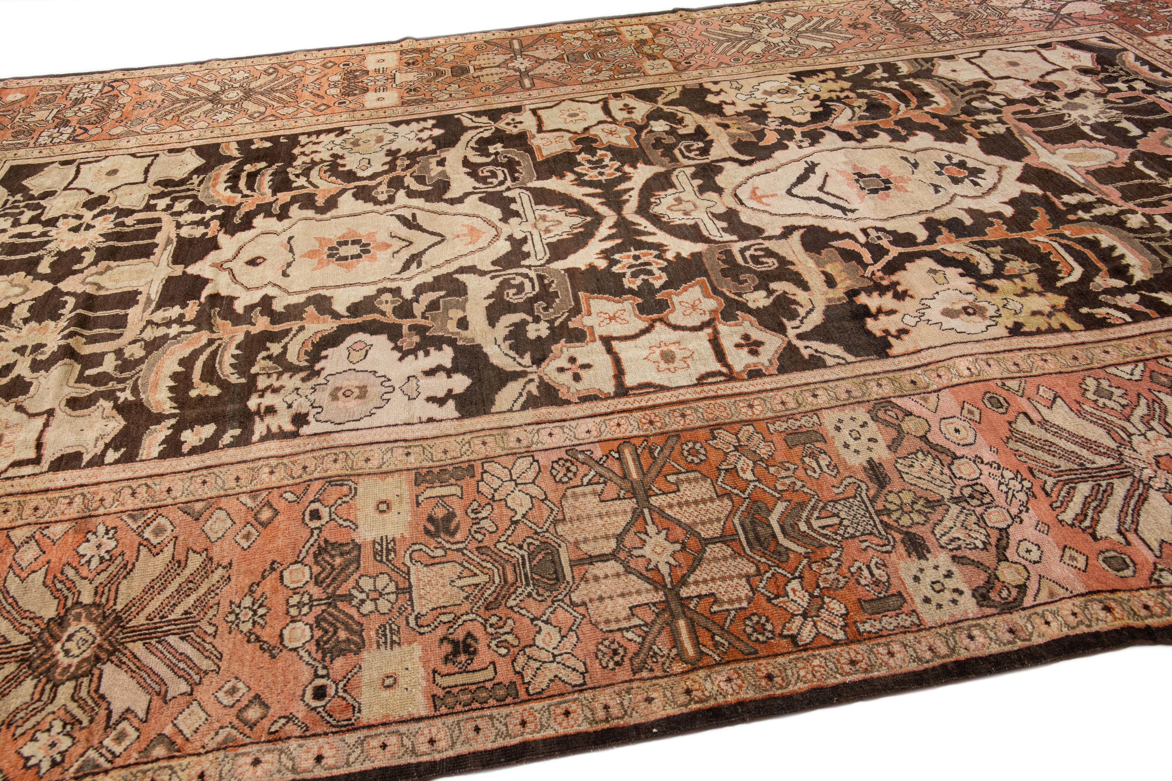Brown Antique Sultanabad Handmade Floral Motif Oversize Wool Rug In Good Condition For Sale In Norwalk, CT