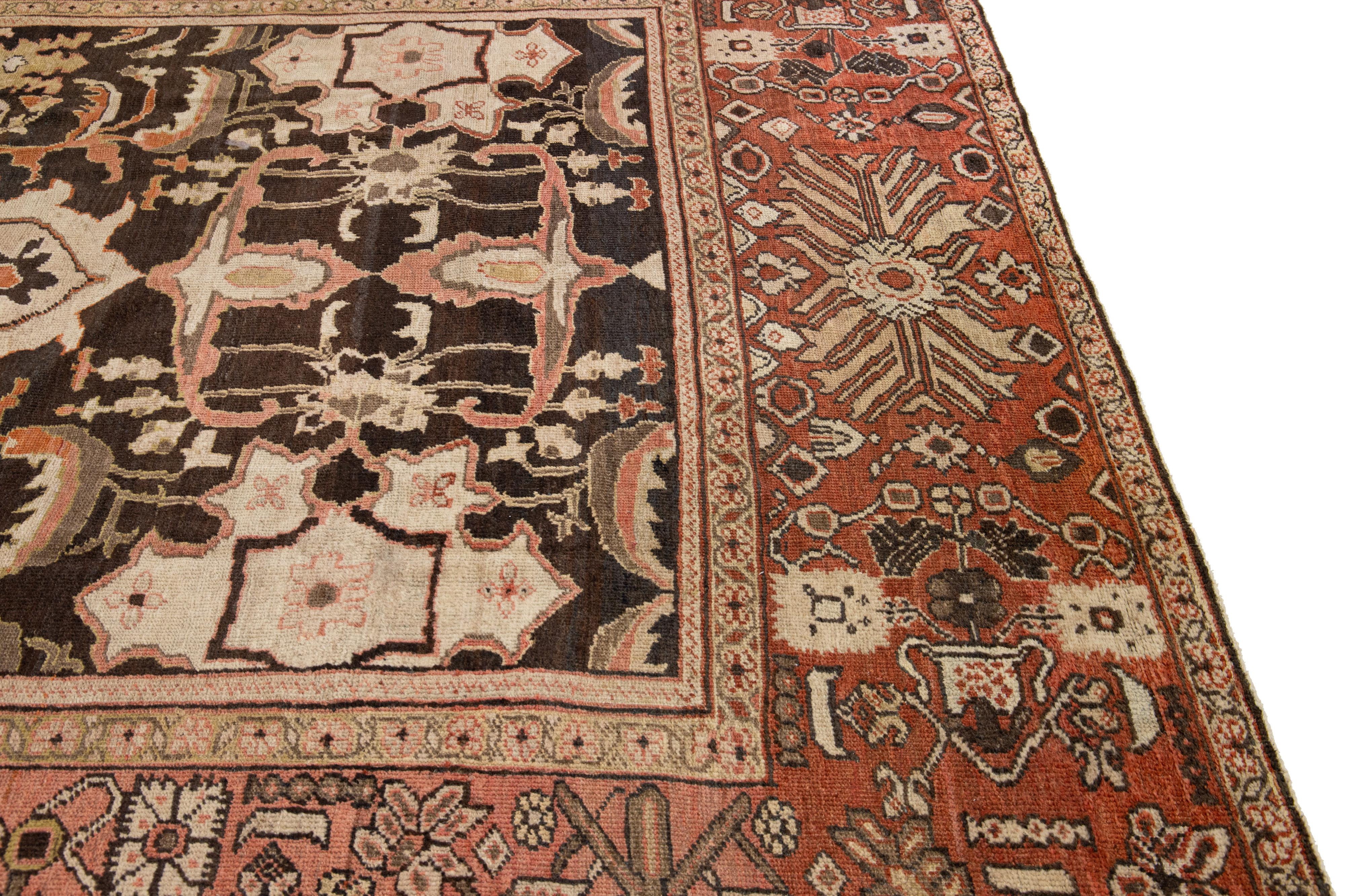 19th Century Brown Antique Sultanabad Handmade Floral Motif Oversize Wool Rug For Sale