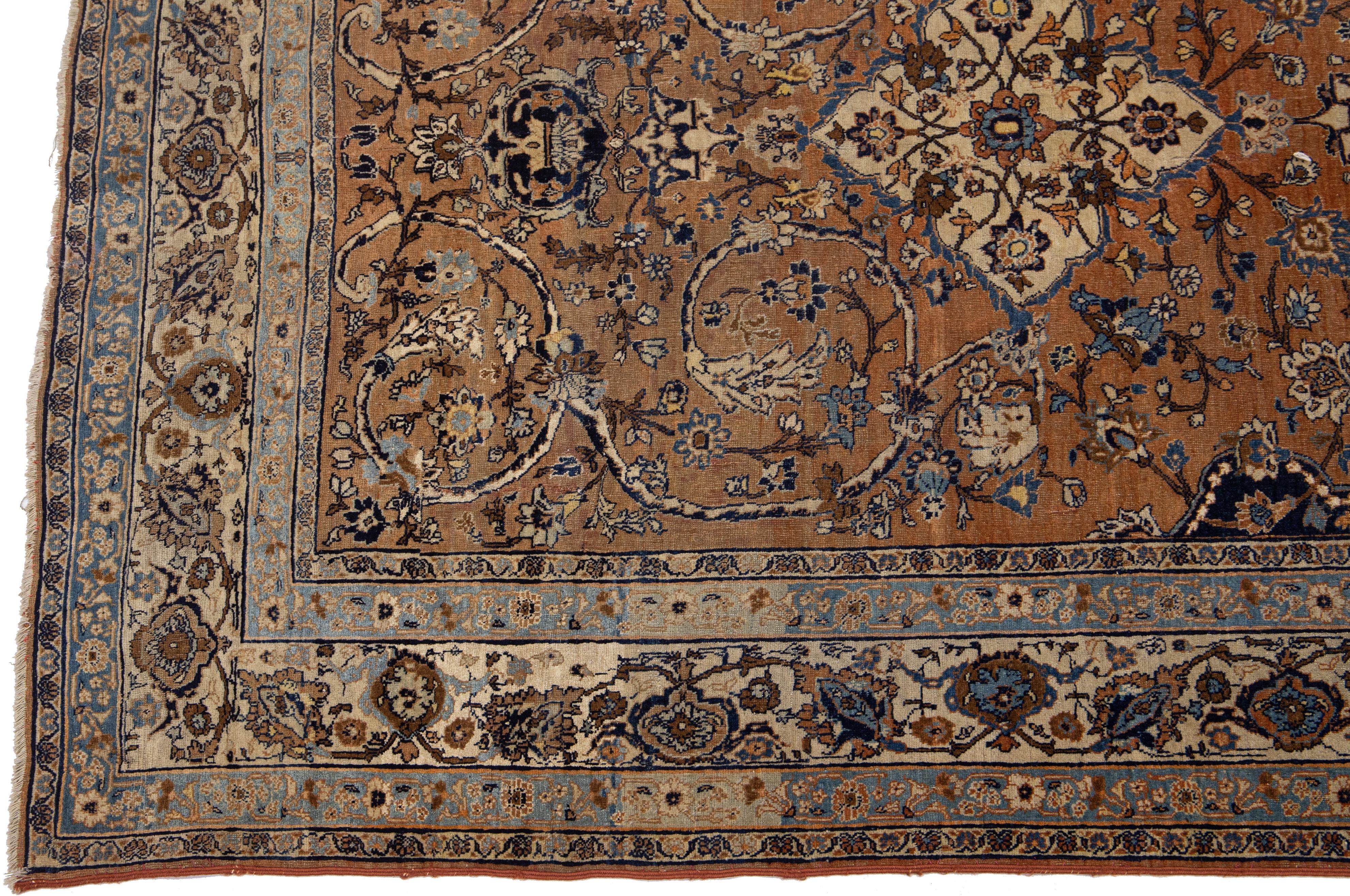 Early 20th Century Brown Antique Tabriz Handmade Medallion Designed Persian Wool Rug For Sale