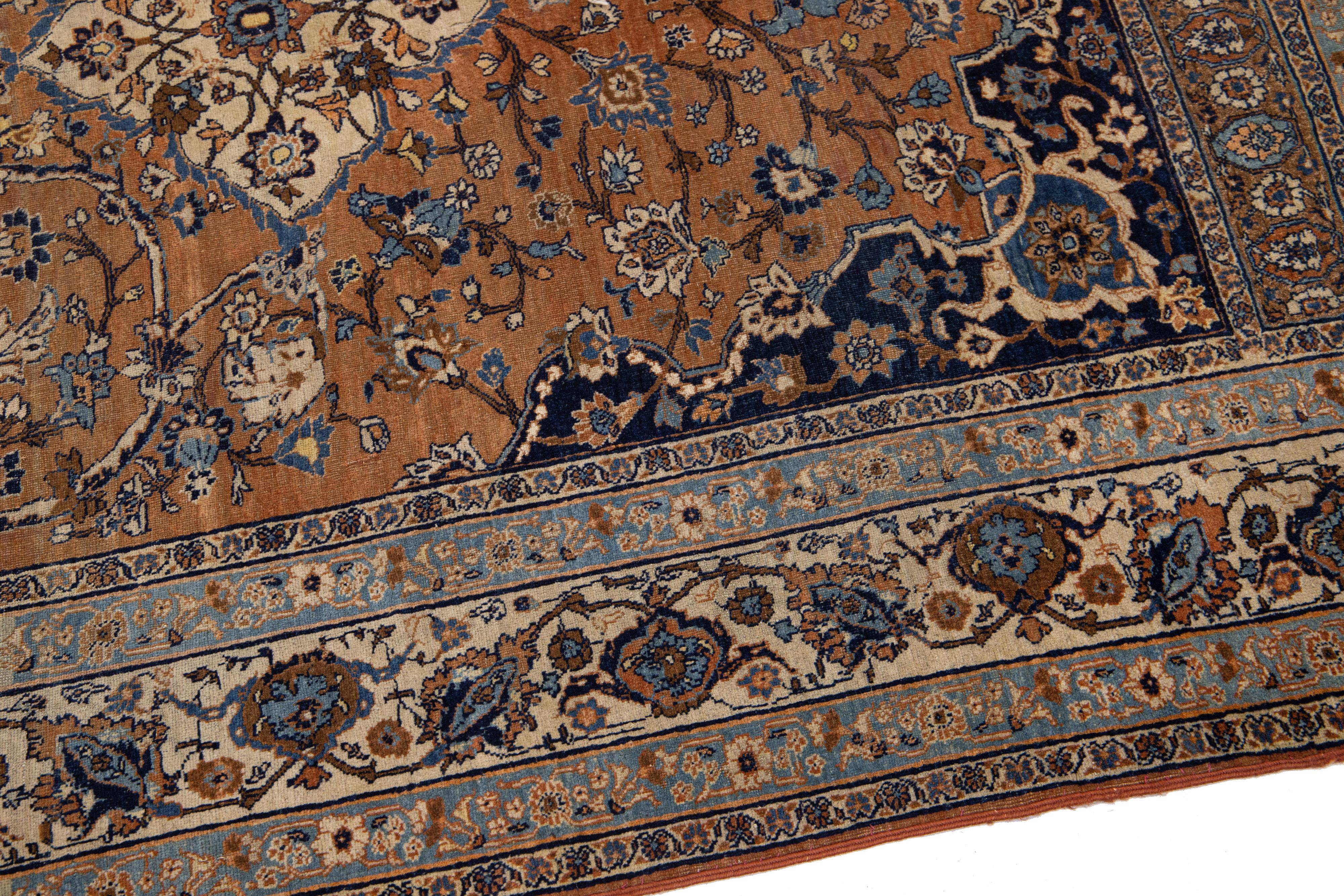 Brown Antique Tabriz Handmade Medallion Designed Persian Wool Rug For Sale 2