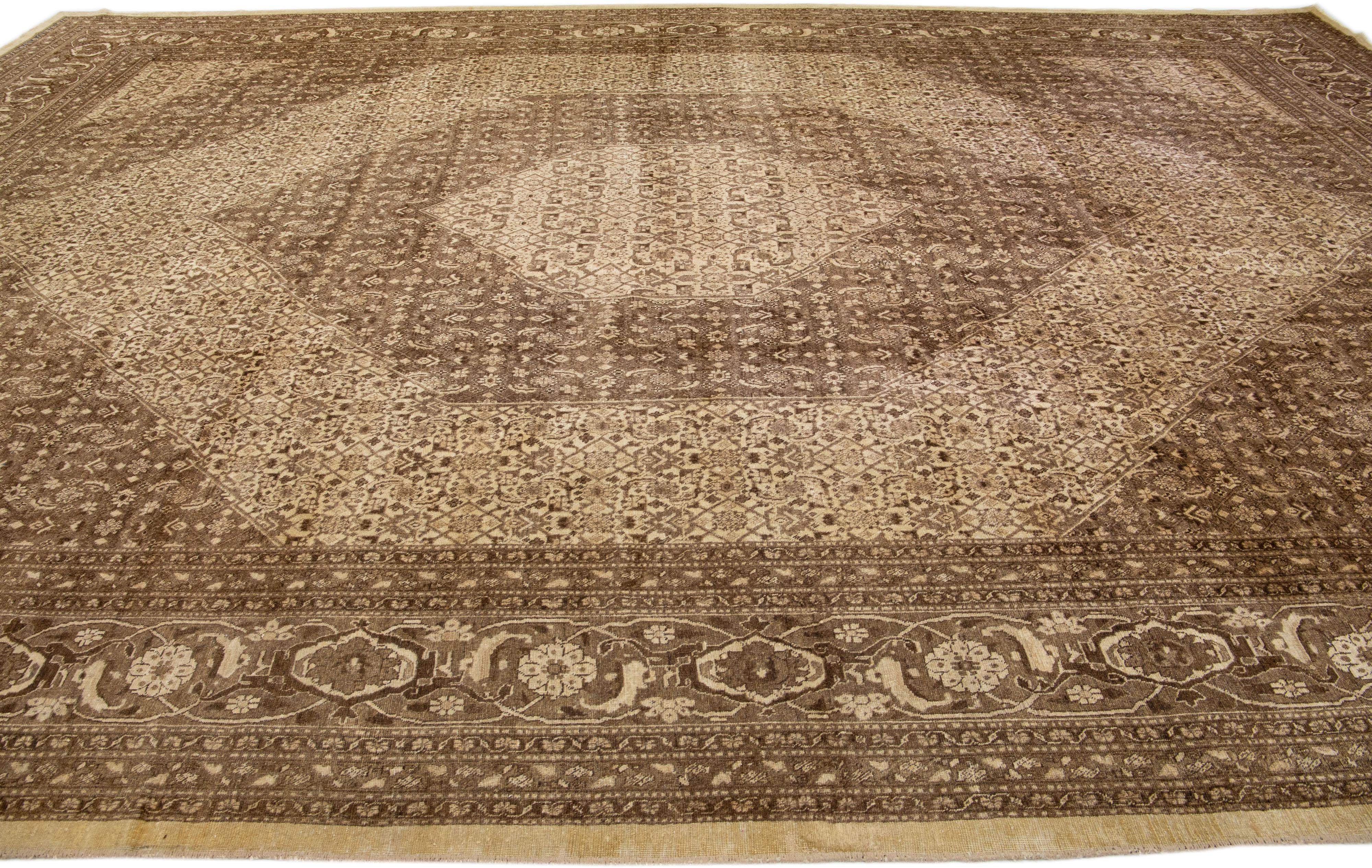 20th Century Brown Antique Tabriz Handmade Medallion Pattern Persian Wool Rug For Sale