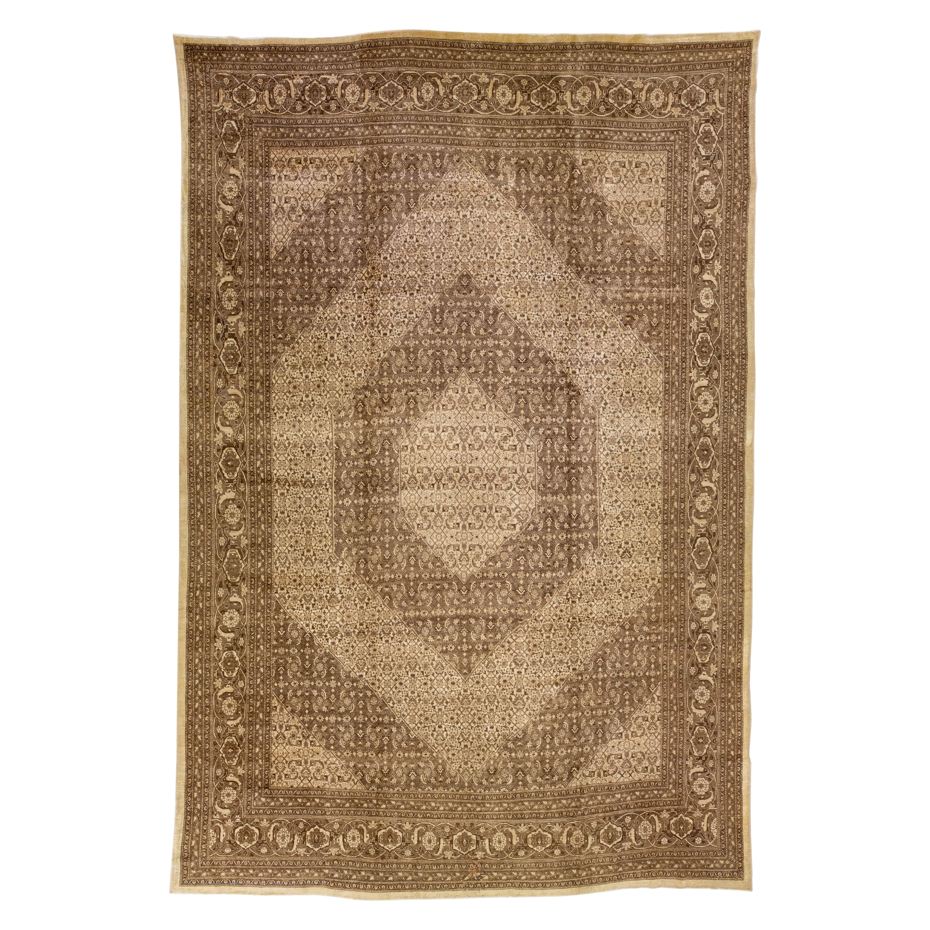 Tapis en laine persane marron antique Tabriz fait à la main à motif de médaillons