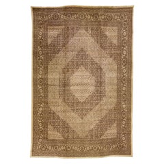 Tapis en laine persane marron antique Tabriz fait à la main à motif de médaillons