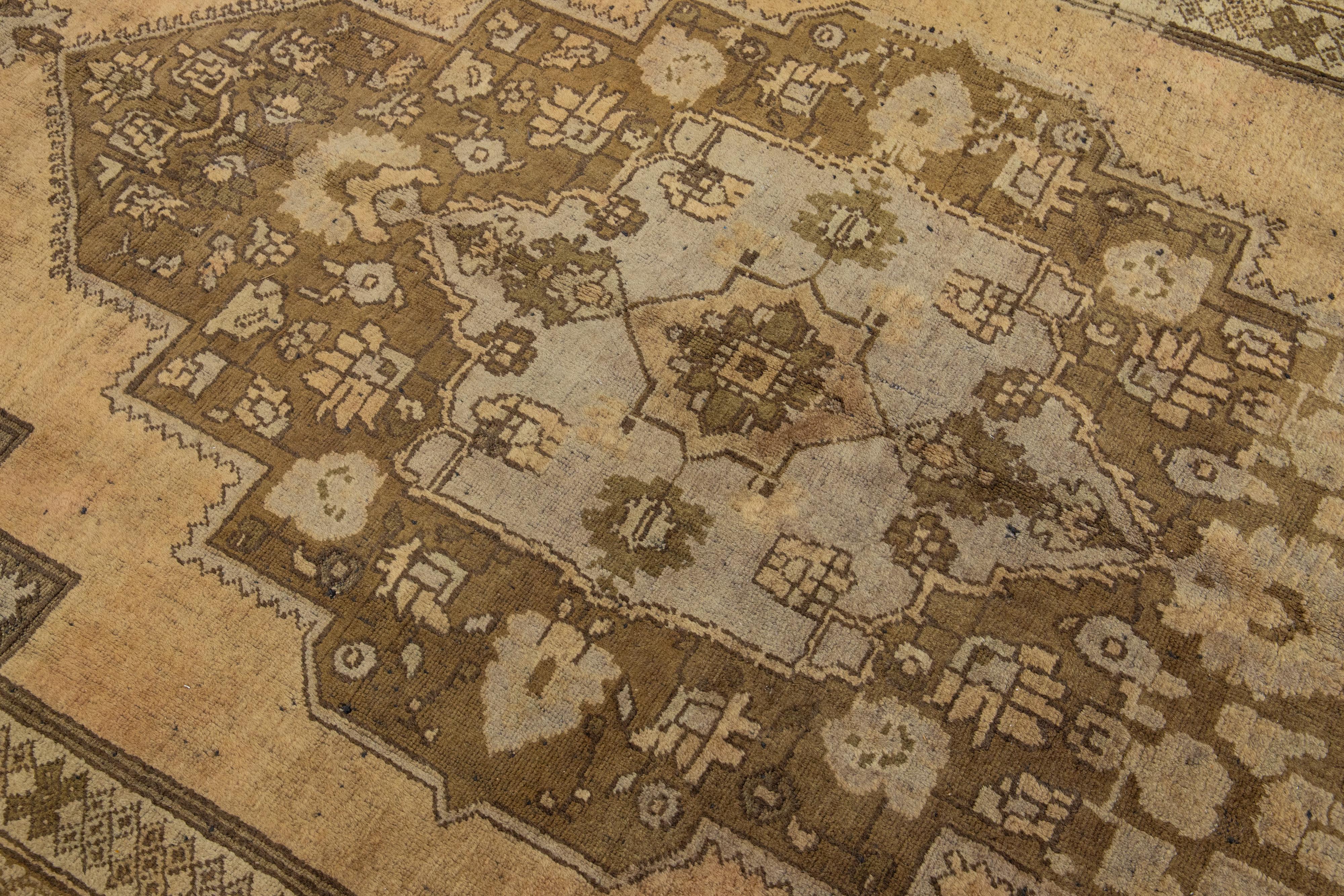 Brown Antique Turkish Khotan Wool Rug Handmade with Medallion Motif For Sale 2